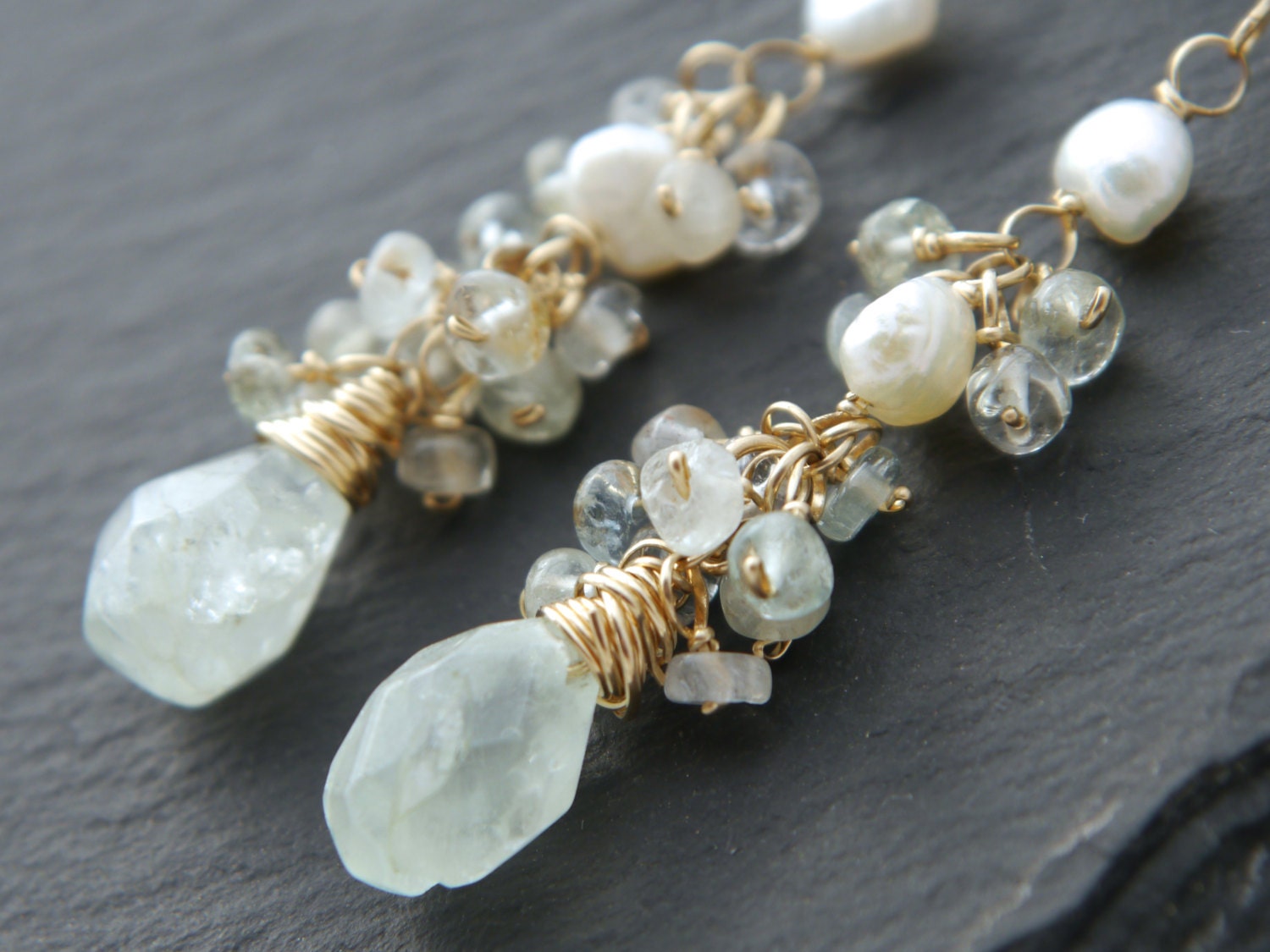 Aquamarine Pearl Long Dangle Vine Gemstone Earrings, 14K Gold Filled Bridal Jewelry