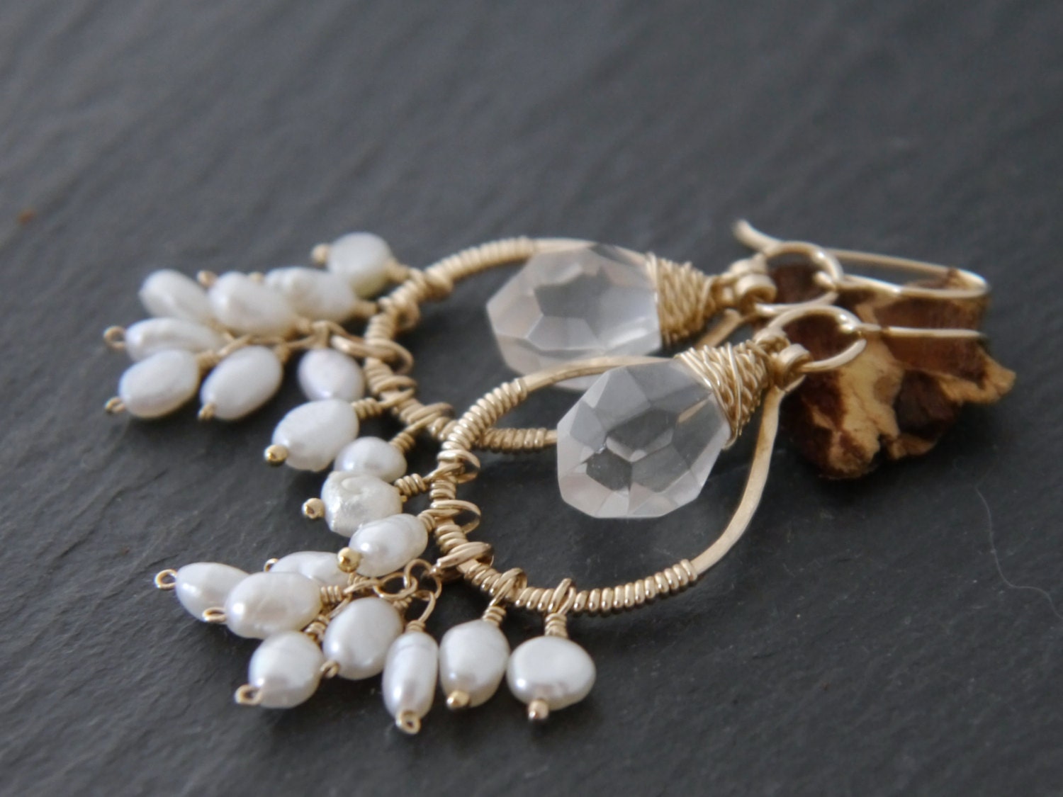 Freshwater Pearl Quartz Floral Chandelier Gemstone Earrings, 14K Gold Filled Wedding