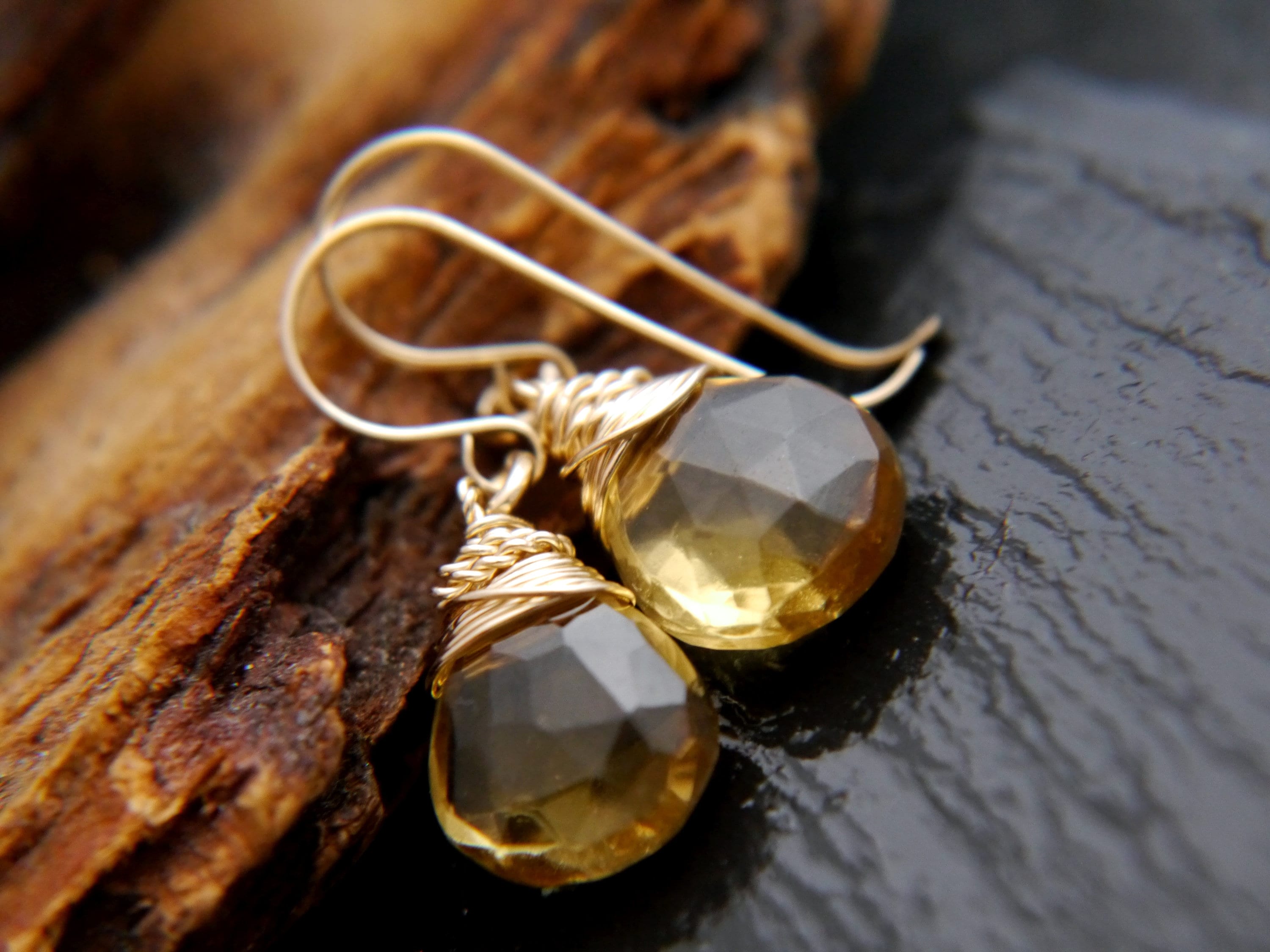 Beer Quartz Drop Earrings, Gold Filled Wire Wrapped Gemstone Wedding Bride