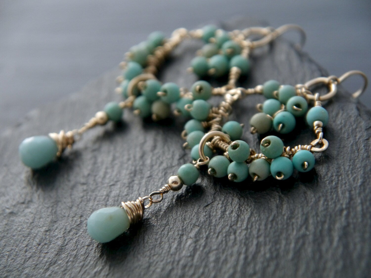 Amazonite Turquoise Chandelier Earrings, 14K Gold Filled Boho Statement Dangle, Coastal Jewelry