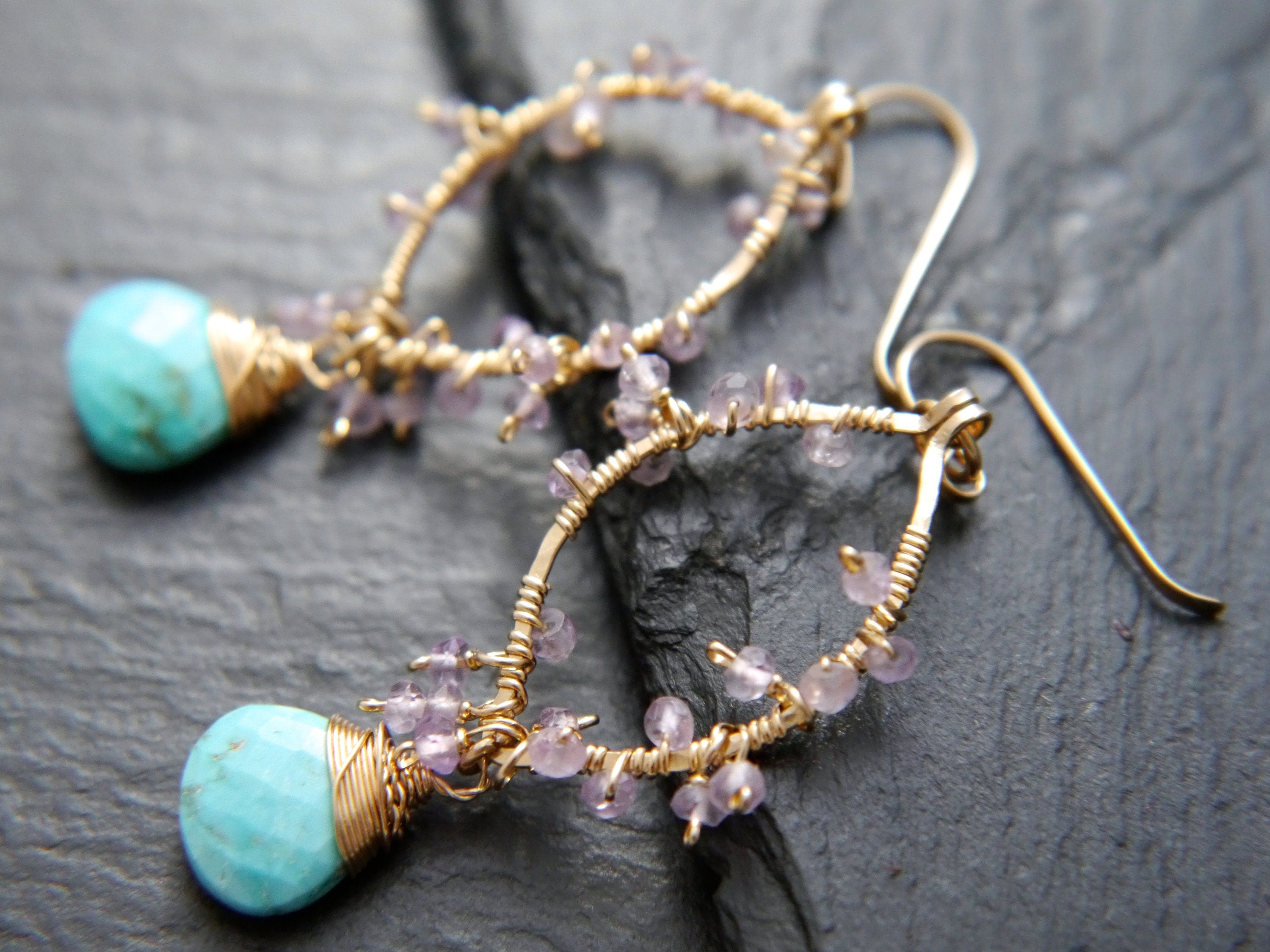 Turquoise Amethyst Floral Gemstone Earrings, 14K Gold Filled Botanical Jewelry