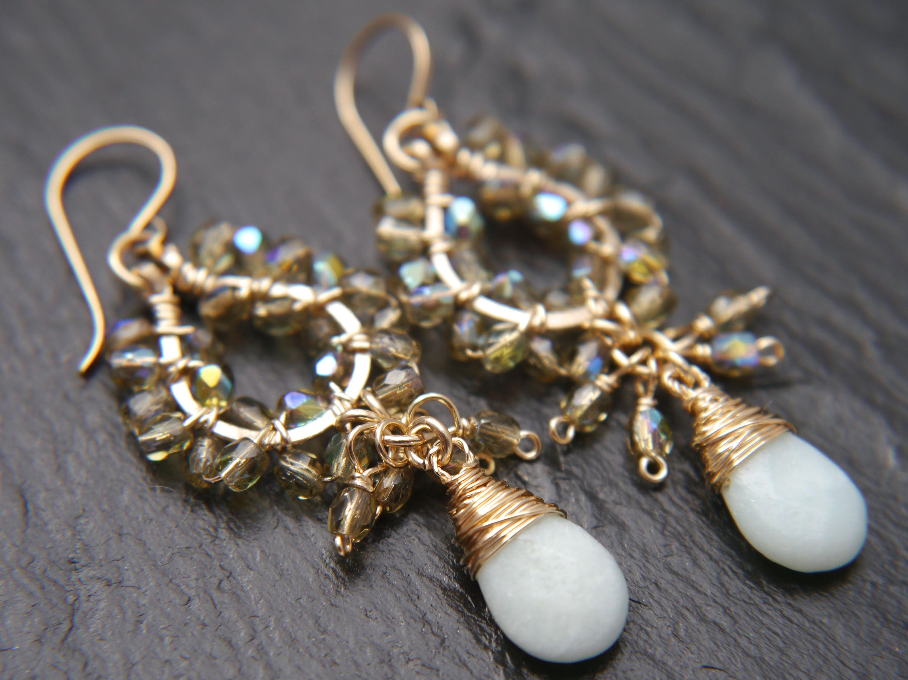 Aquamarine Tortoiseshell Chandelier Gemstone Earrings, 14K Gold Filled Boho