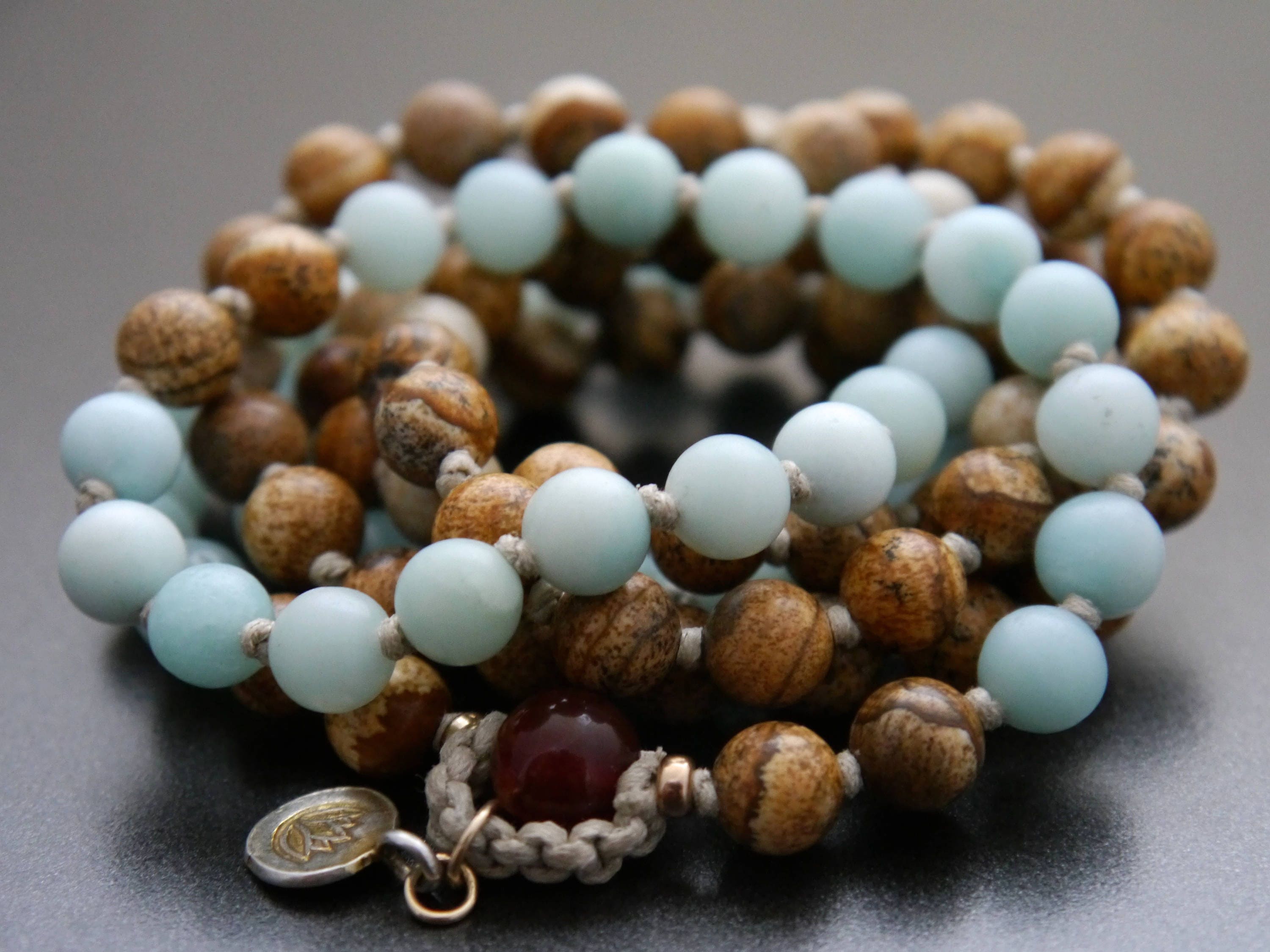 Earth Tone Picture Jasper Blue Amazonite Mala Beads, 108 Gemstone Beads, Wrap, Hand Knotted