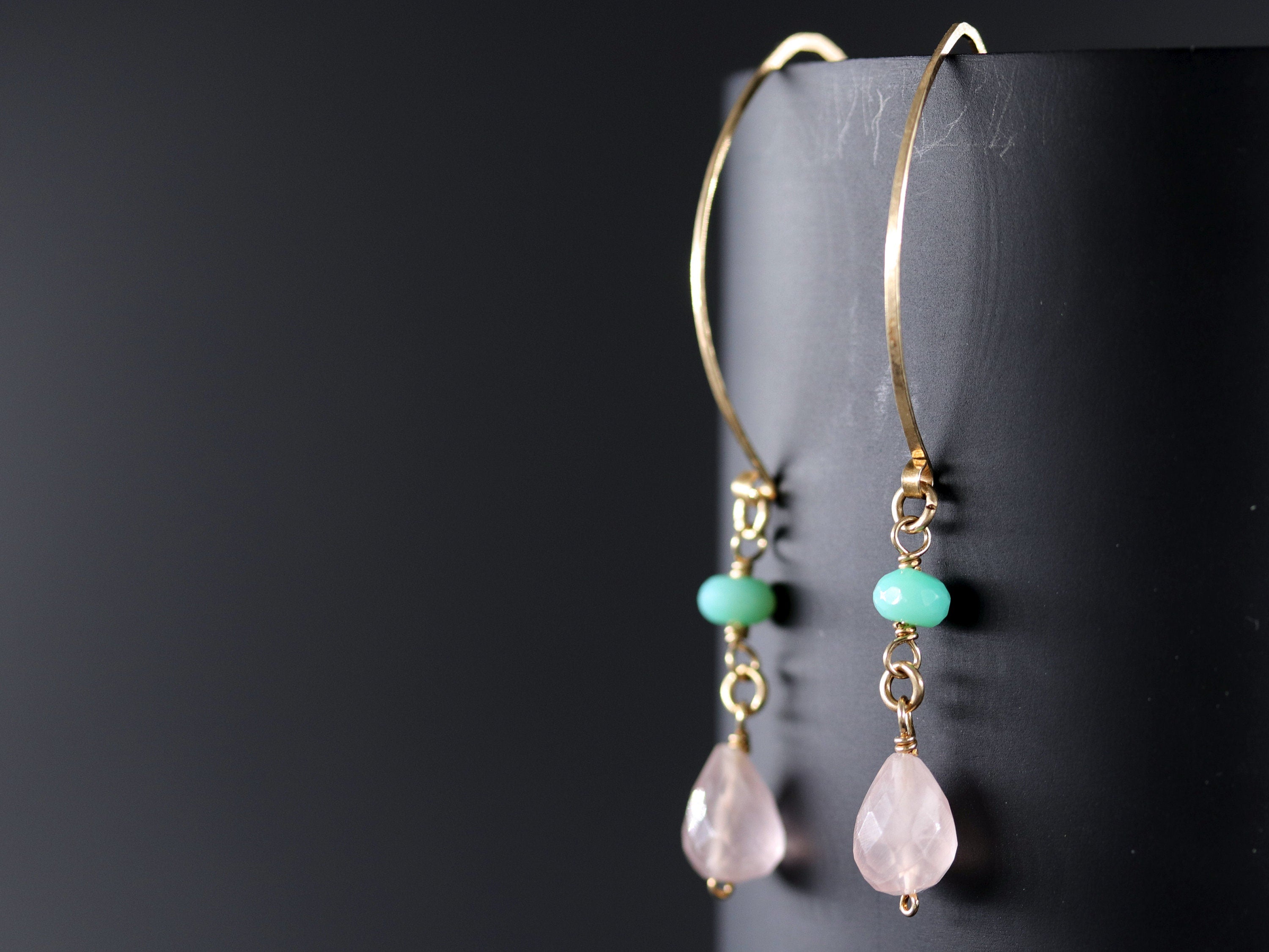 Rose Quartz Chrysoprase Hoop Gemstone Earrings, 14K Gold Filled Boho Wedding Jewelry