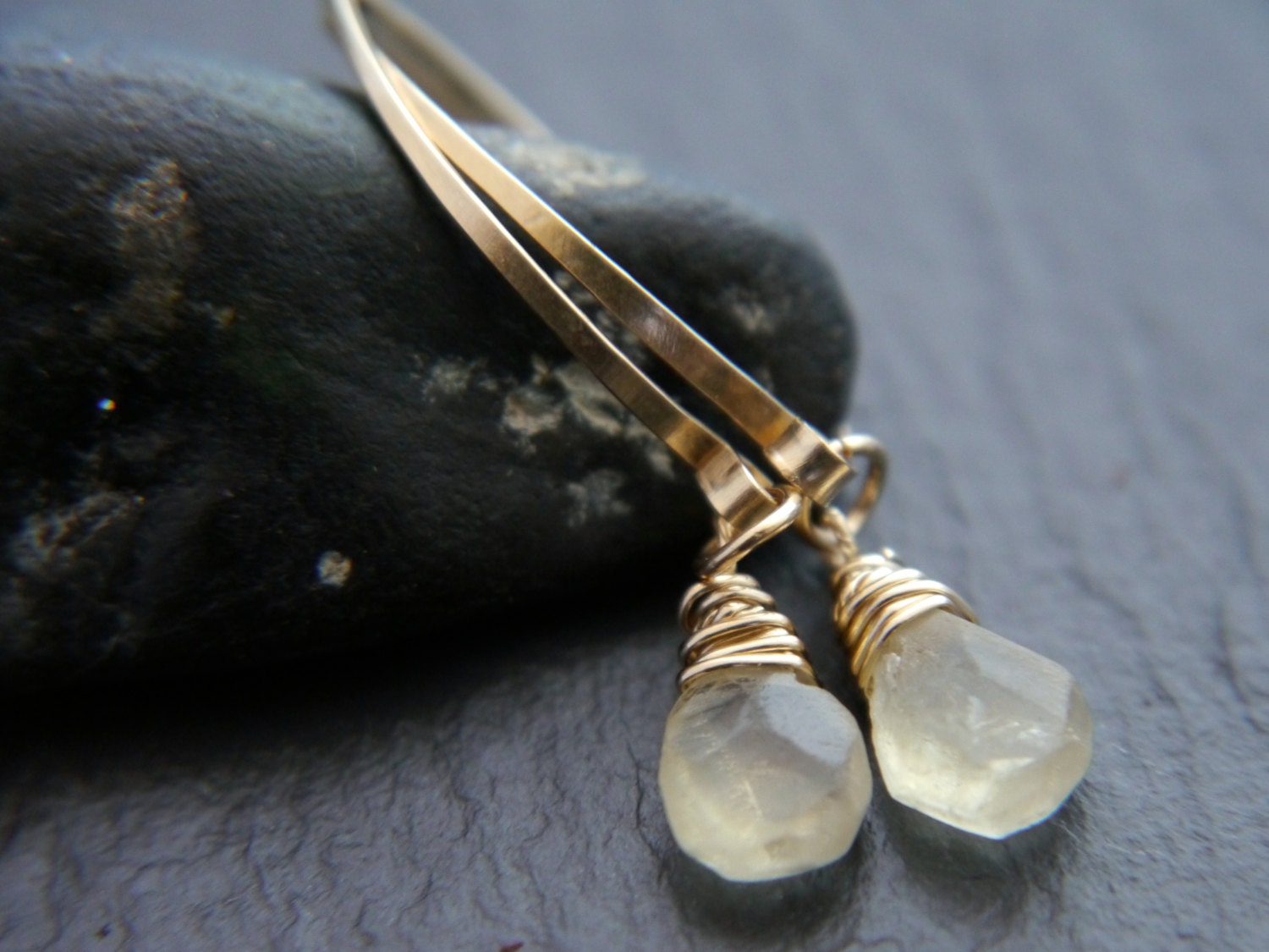 Citrine Teardrop Hoop Gemstone Earrings, 14K Gold Filled Boho Style