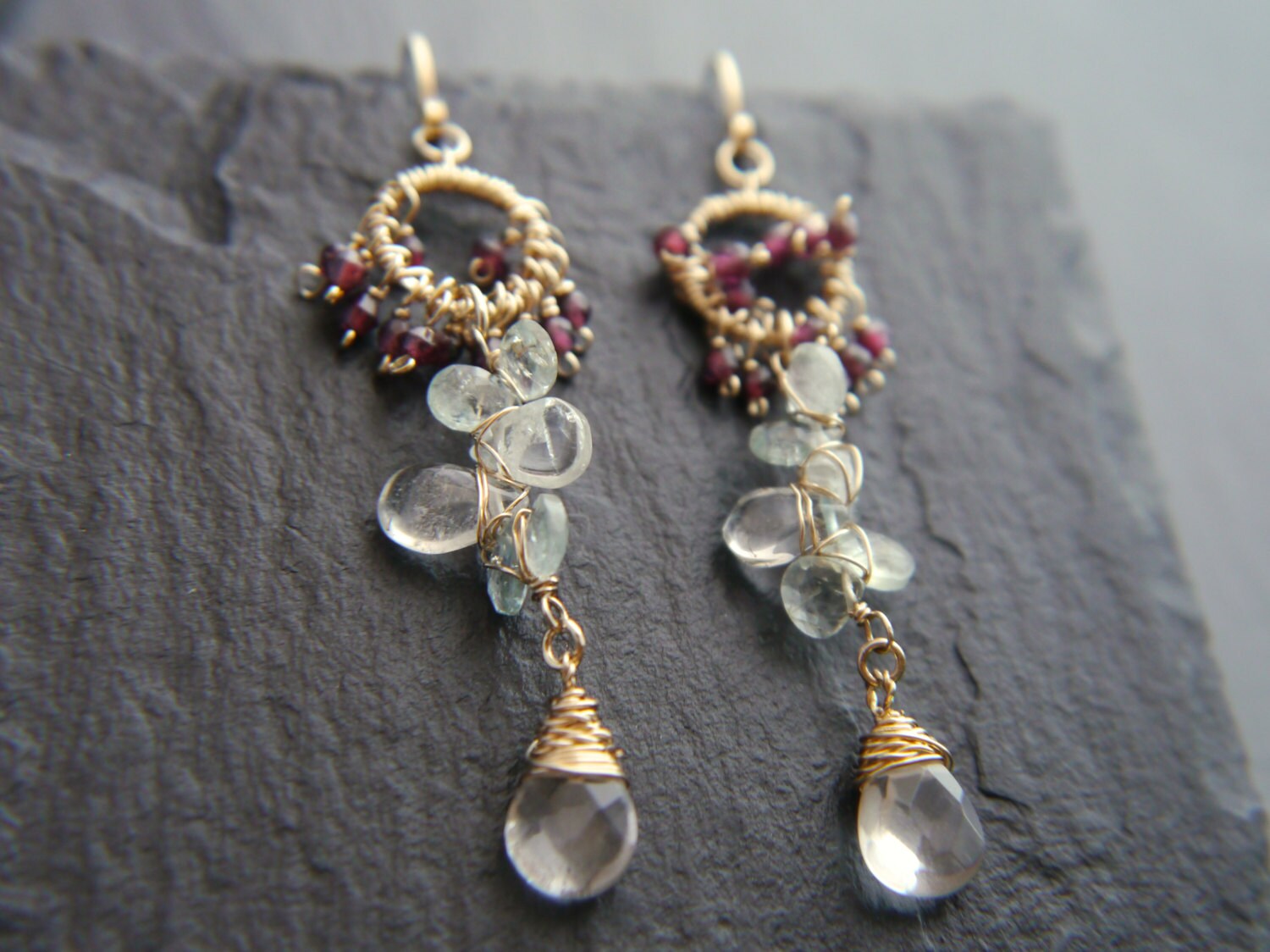 Aquamarine Garnet Floral Chandelier Earrings, 14K Gold Filled Dangle, Bohemian Jewelry