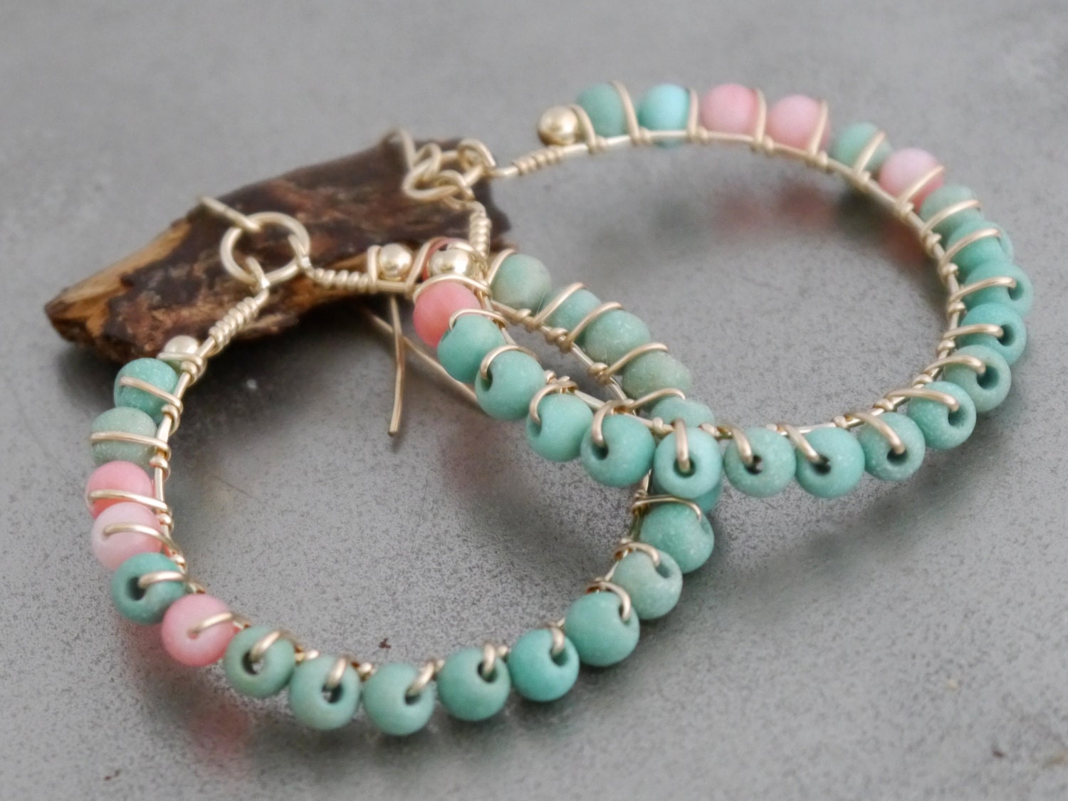 Turquoise Magnesite Coral Hoop Gemstone Earrings, 14K Gold Filled Bohemian Style