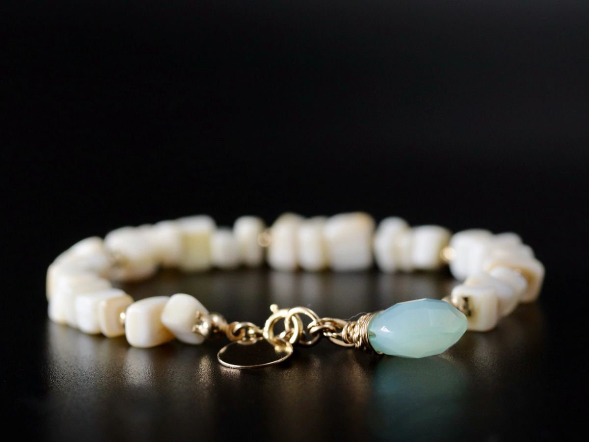 Mother of Pearl Aqua Chalcedony Beaded Gemstone Bracelet – 14K Gold Filled Jewelry