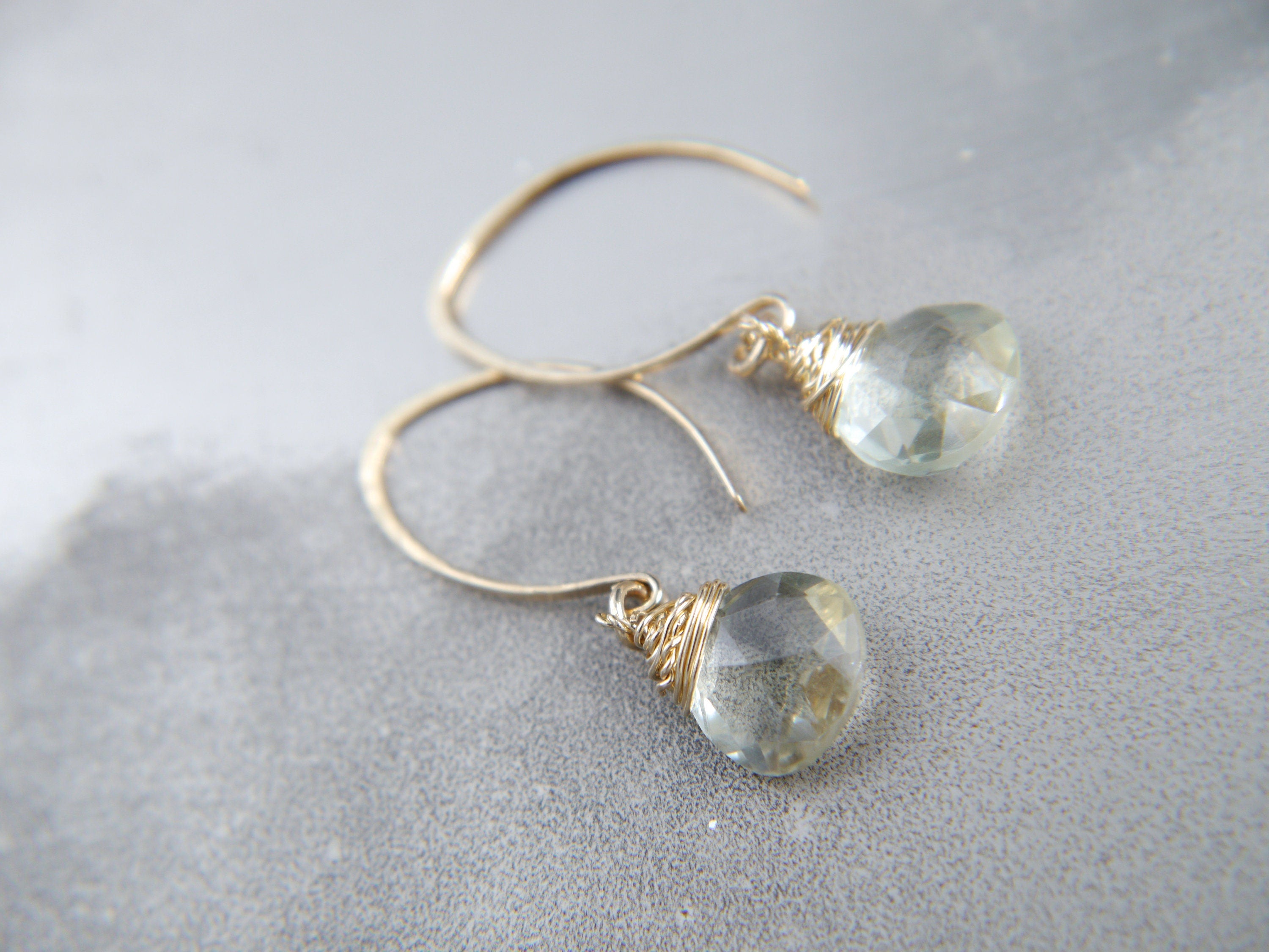 Green Amethyst Long Hoop Gemstone Earrings, 14K Gold Filled Classic Style