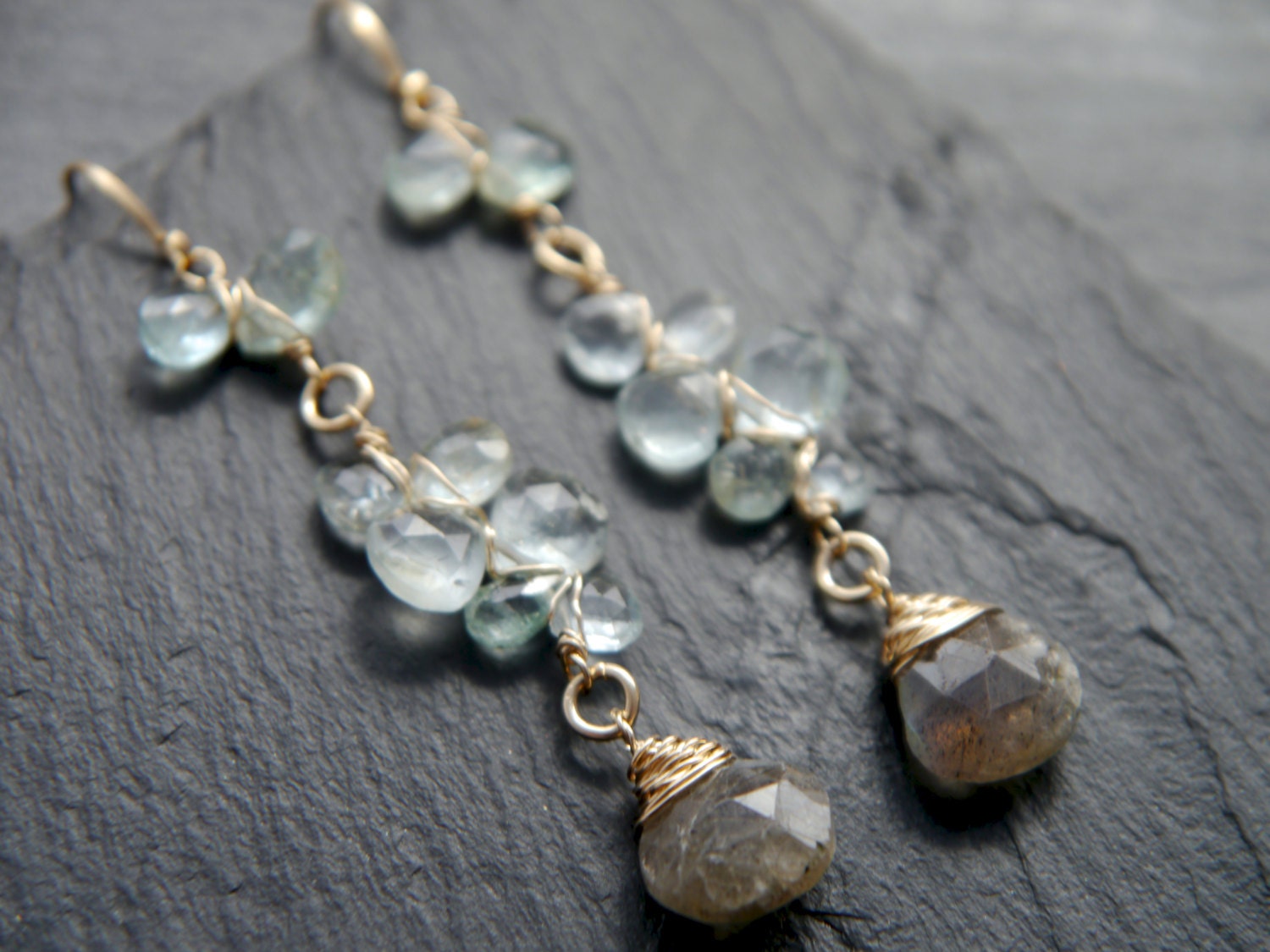 Aquamarine Labradorite Floral Long Dangle Gemstone Earrings, 14K Gold Filled Wedding