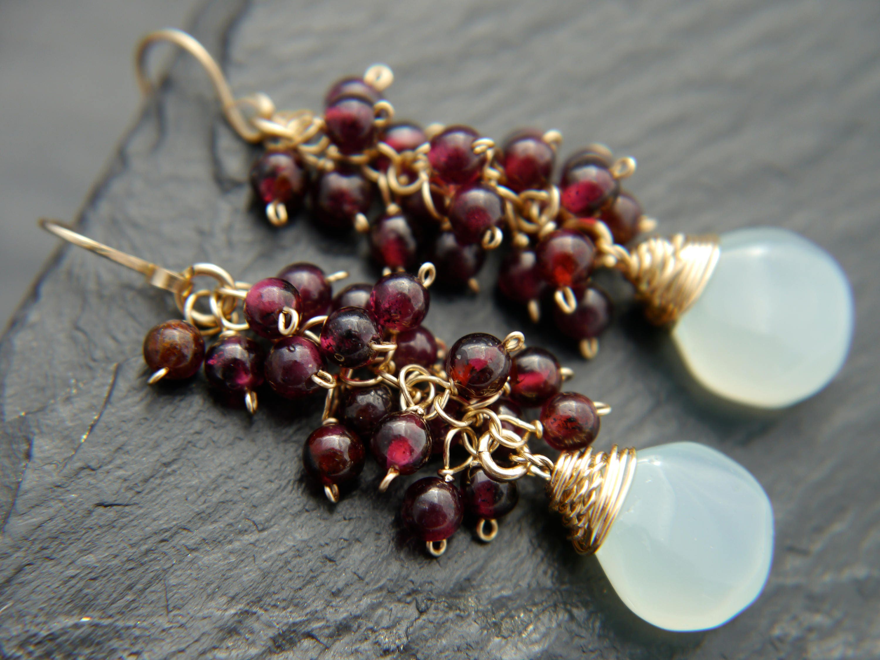 Aqua Chalcedony Garnet Cluster Earrings, 14K Gold Filled Briolette Dangle, Boho Jewelry