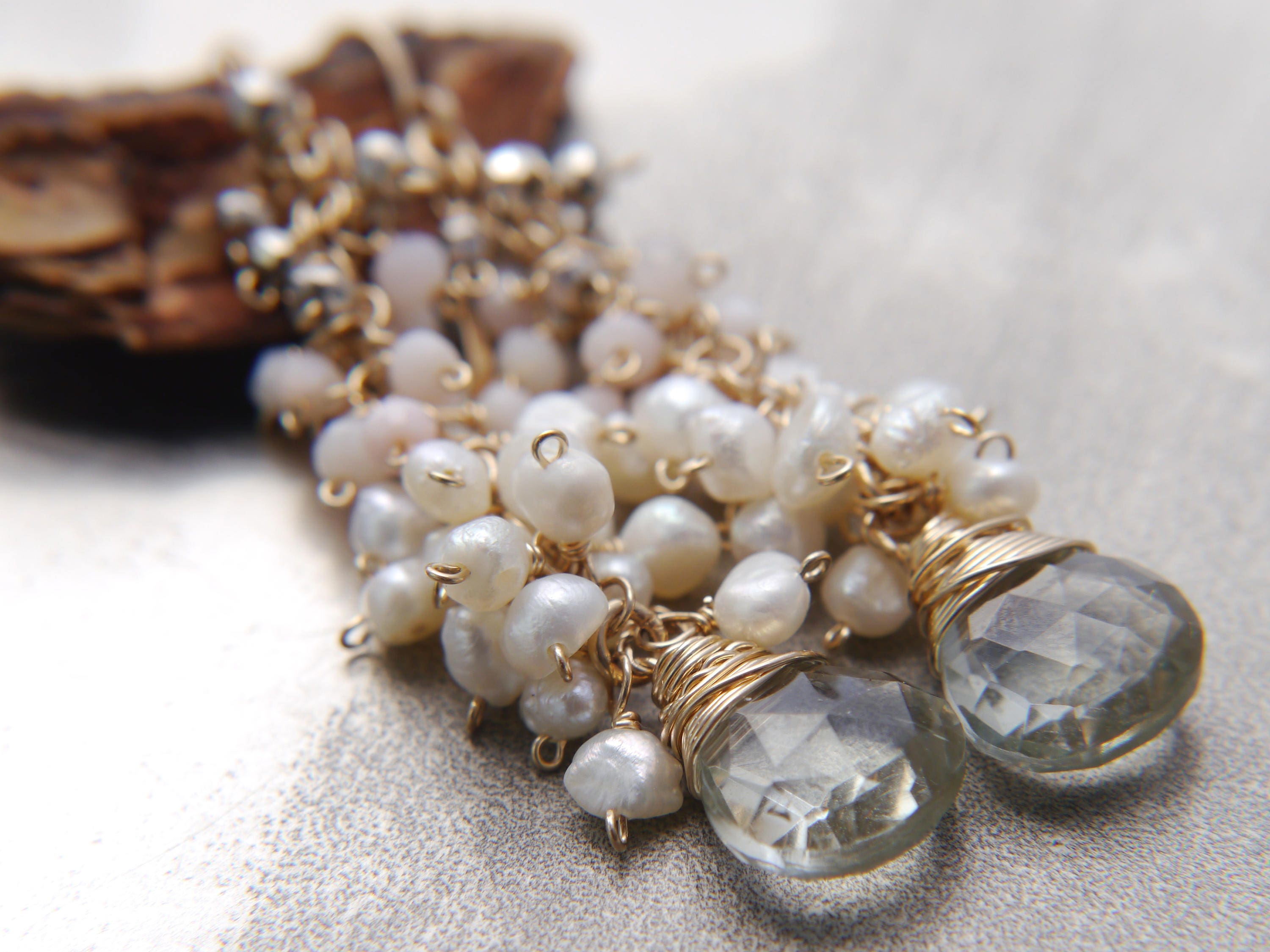 Green Amethyst Pearl Teardrop Cluster Floral Gemstone Earrings, 14K Gold Filled