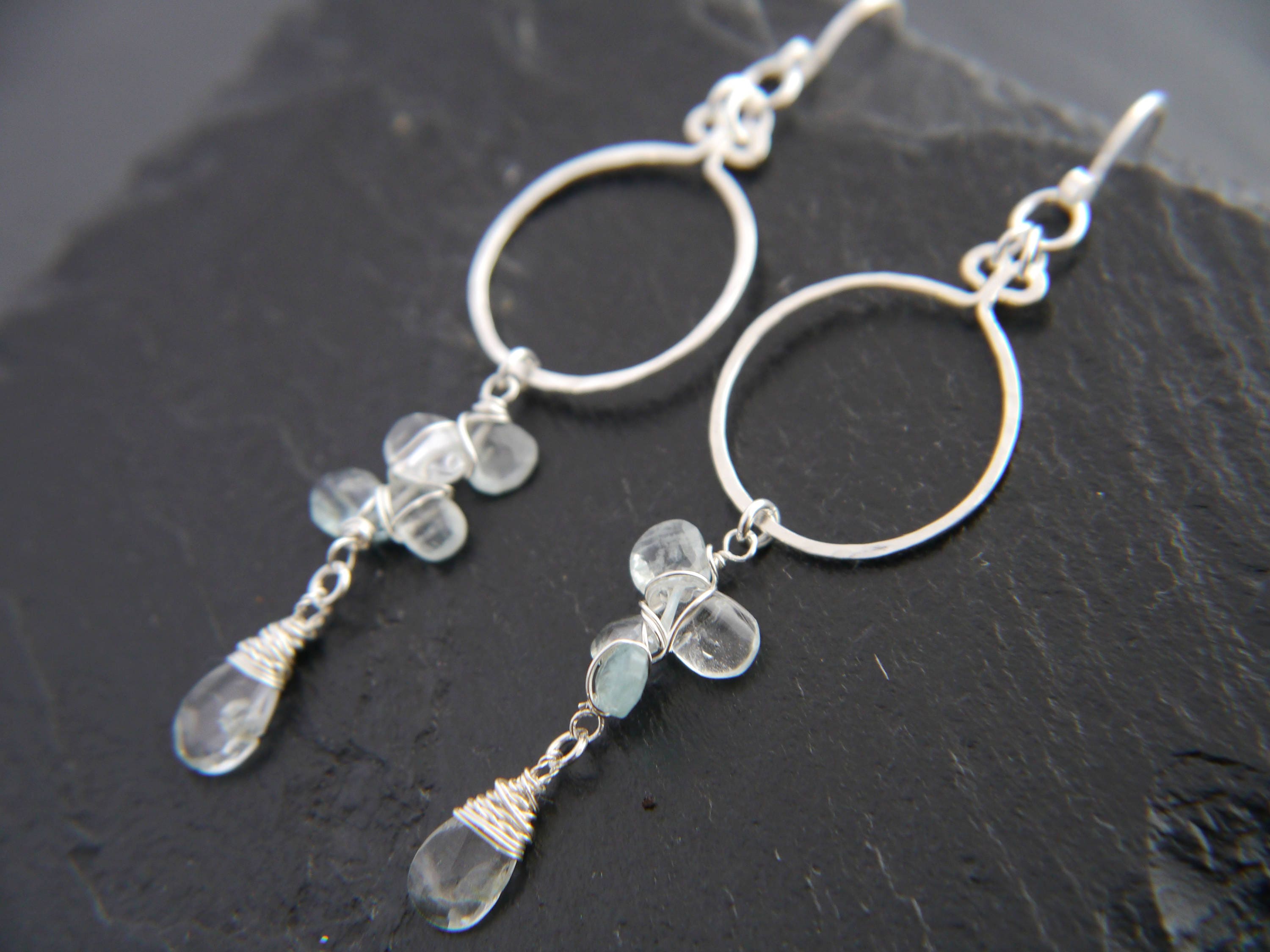 Aquamarine Quartz Long Dangle Gemstone Earrings, Sterling Silver Hoops