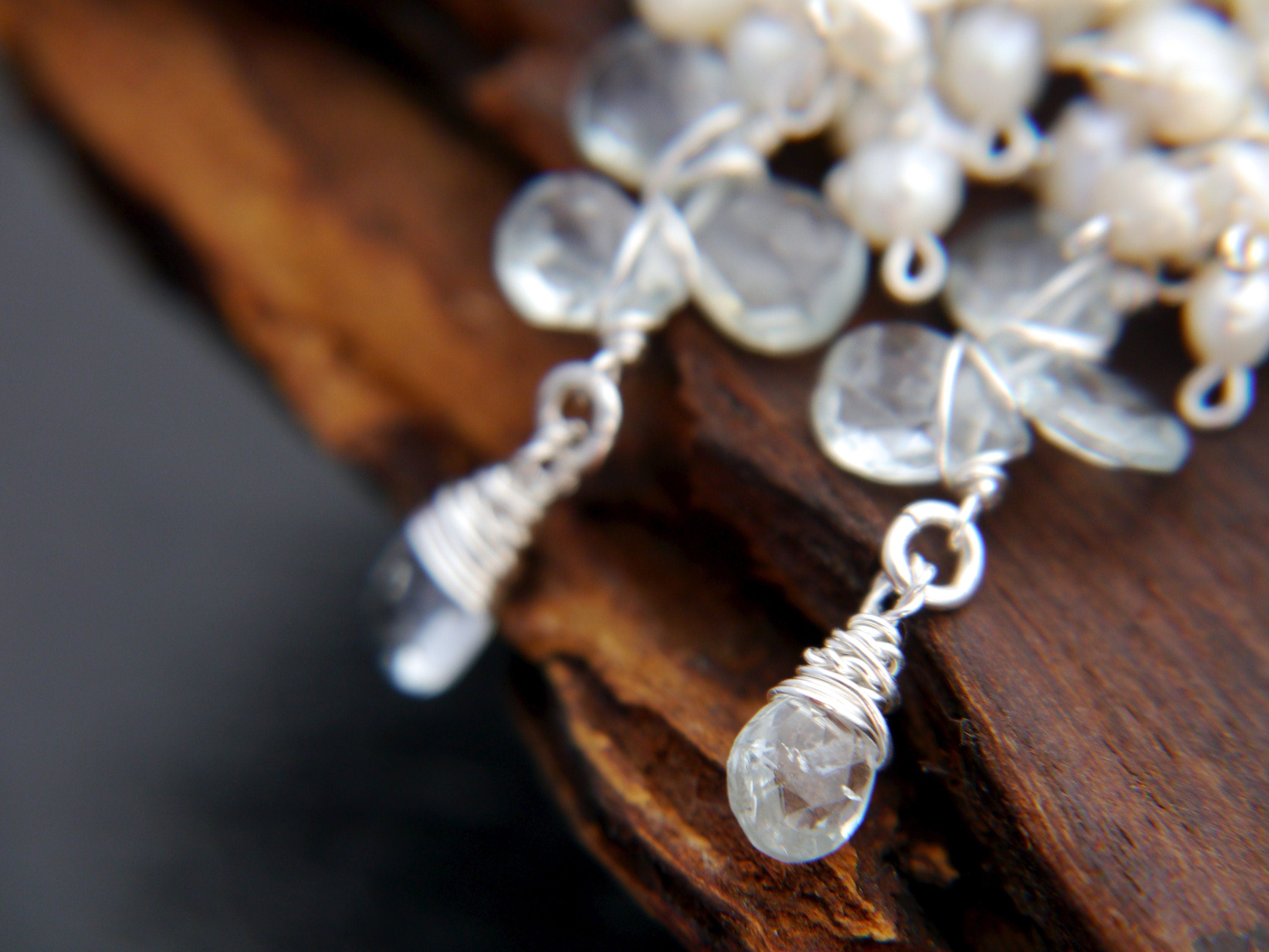 Aquamarine Pearl Long Dangle Floral Vine Gemstone Earrings, Sterling Silver Bridal