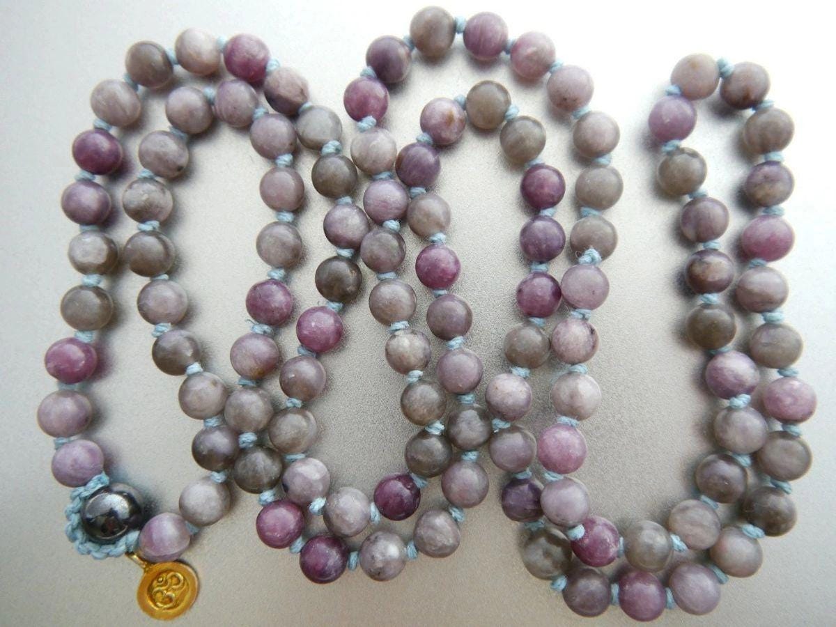 Lilac Purple Stone Mala Beads, 108 Gemstone Beads, Wrap, Hand Knotted
