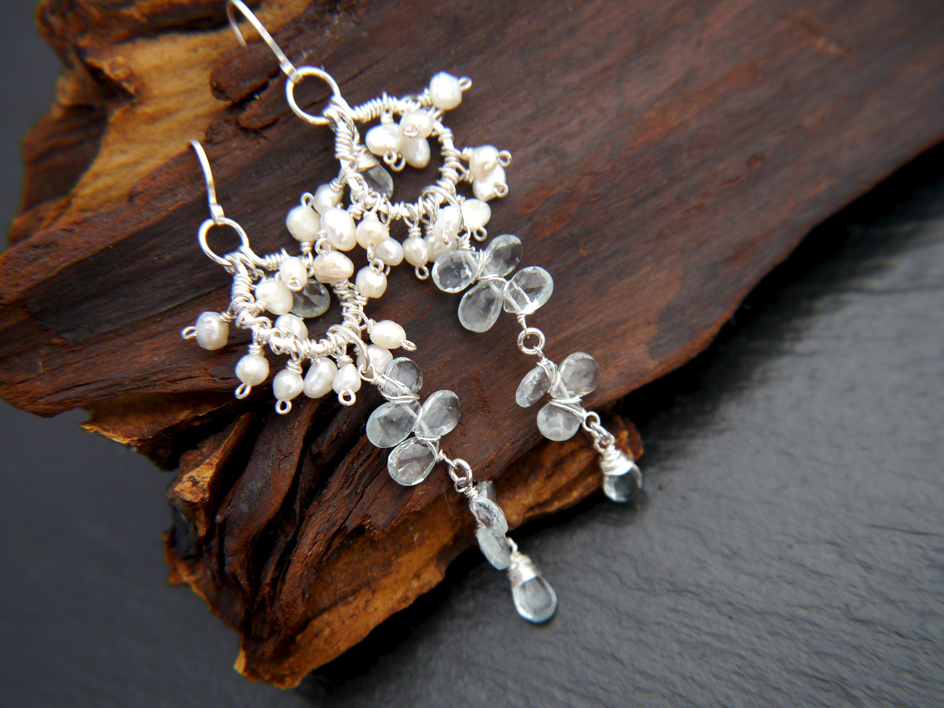 Aquamarine Pearl Long Dangle Chandelier Gemstone Earrings, Sterling Silverr Bridal Jewelry