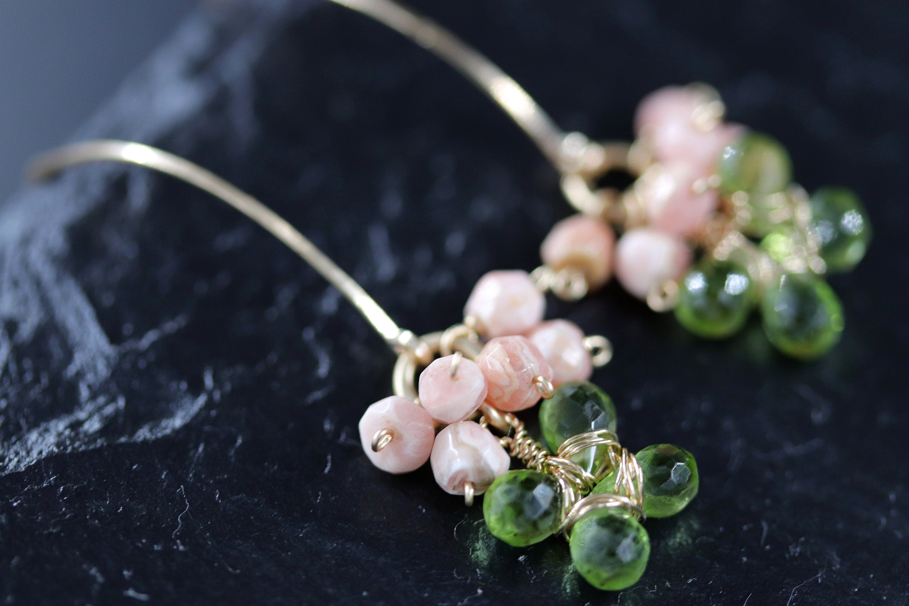 Peridot Rhodonite Floral Cluster Hoop Gemstone Earrings, 14K Gold Filled Botanicals