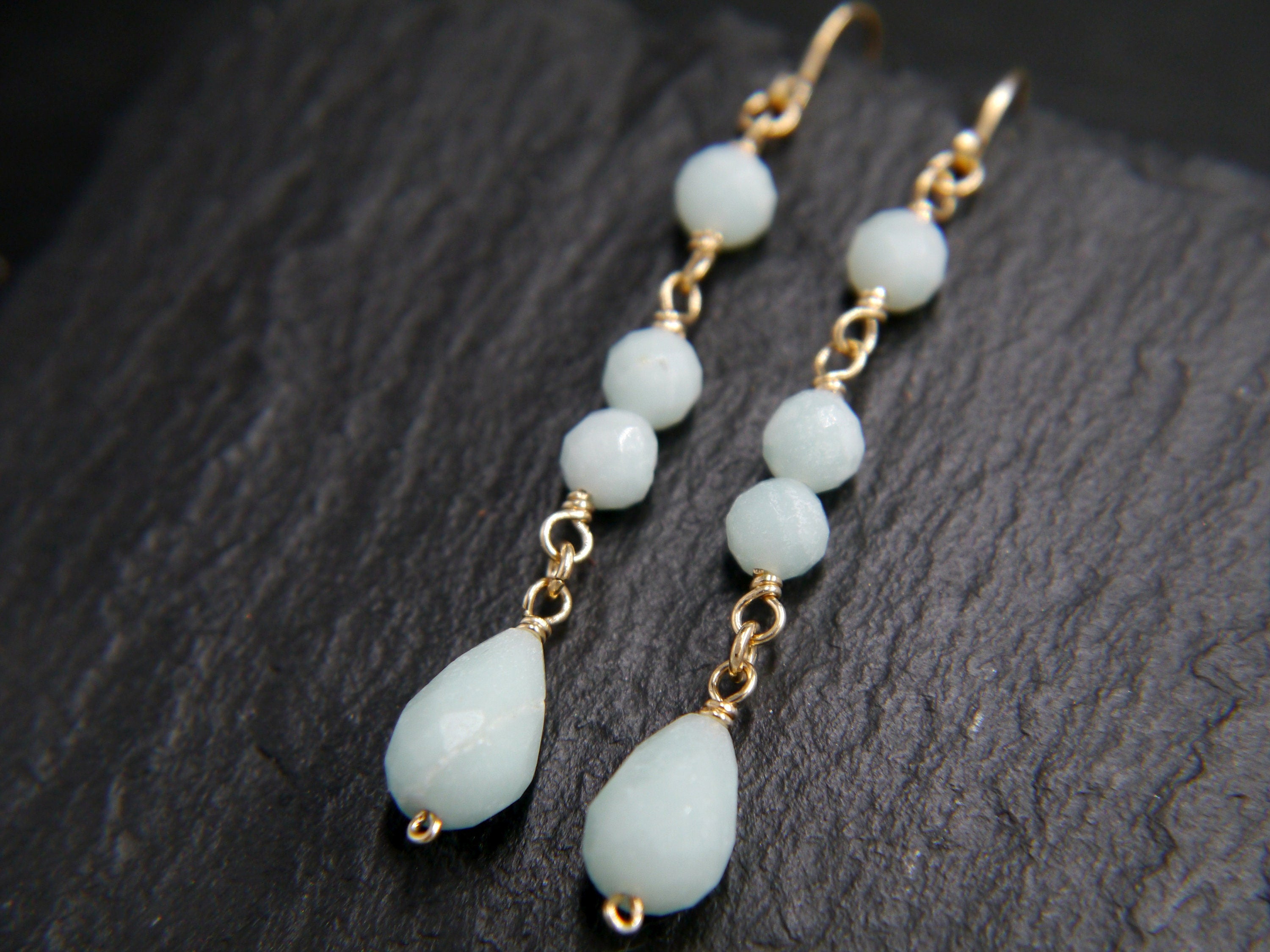 Aqua Amazonite Long Dangle Earrings, 14K Gold Filled Linear Drop, Minimal Jewelry
