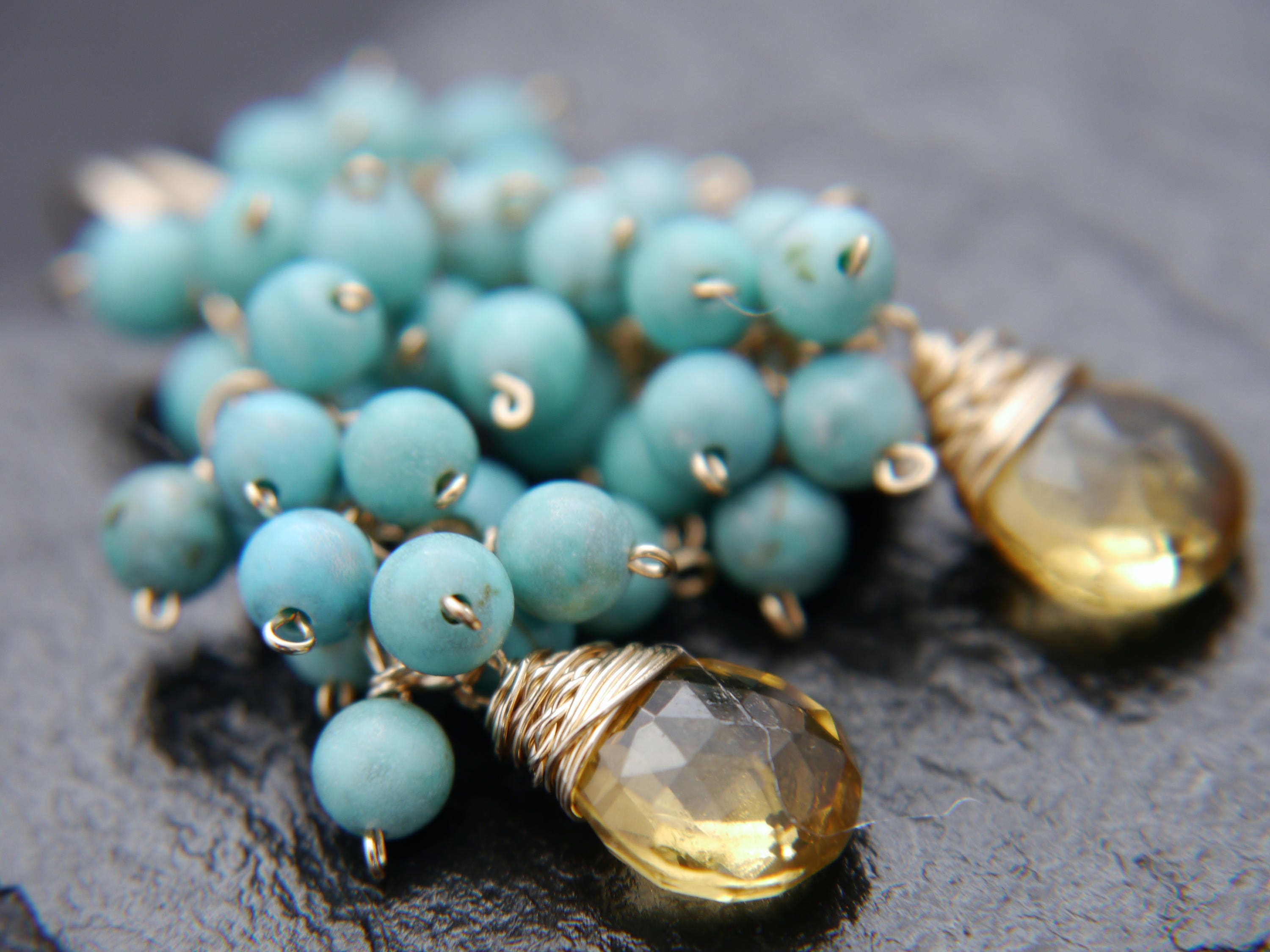 Beer Quartz Turquoise Magnesite Cluster, Gemstone Earrings, 14K Gold Filled Bohemian Jewelry