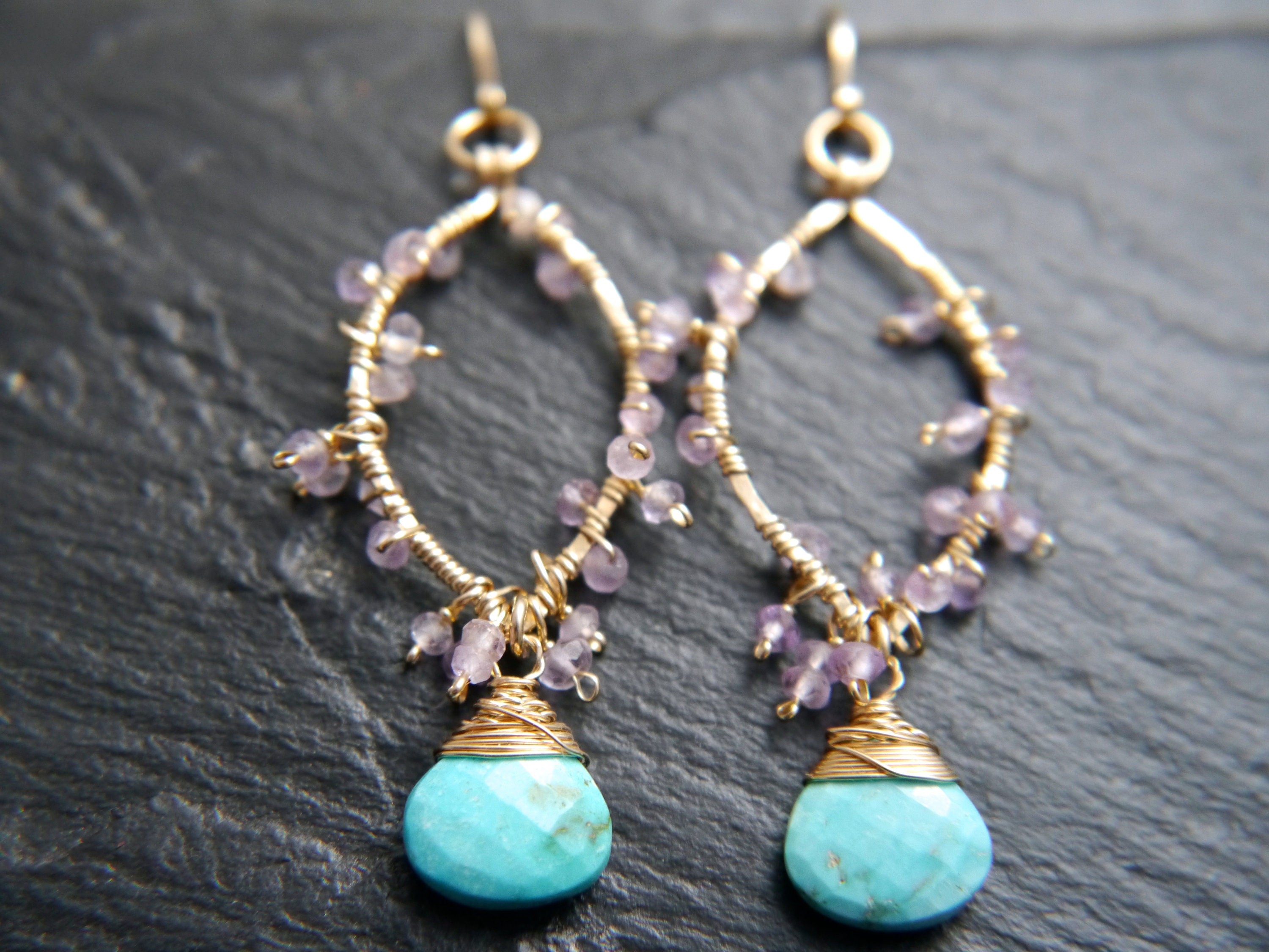 Turquoise Amethyst Floral Gemstone Earrings, 14K Gold Filled Botanical Jewelry