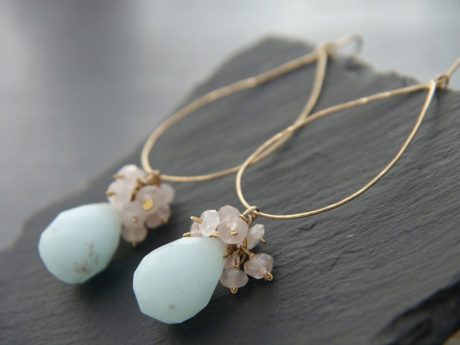 Pink Rose Quartz Cluster Amazonite Hoop Floral Gemstone Earrings, 14K Gold Filled