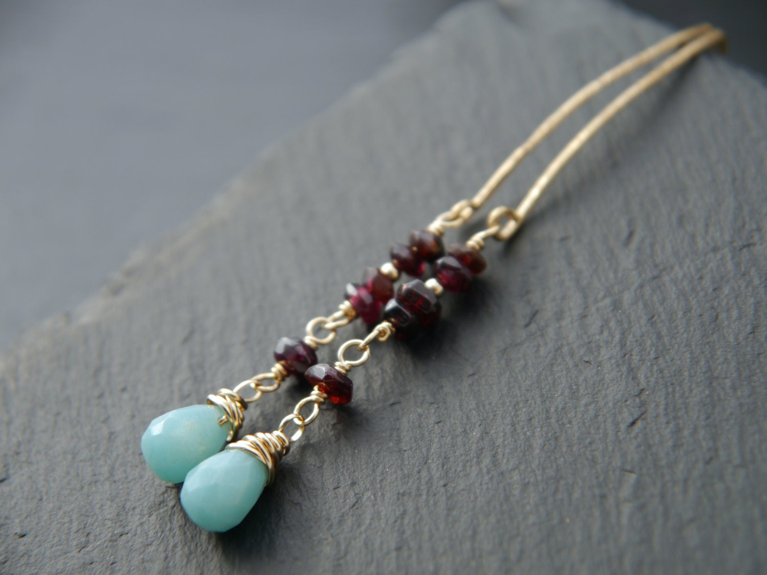Amazonite Garnet Long Dangle Earrings, 14K Gold Filled Linear Drop, Boho Statement Jewelry