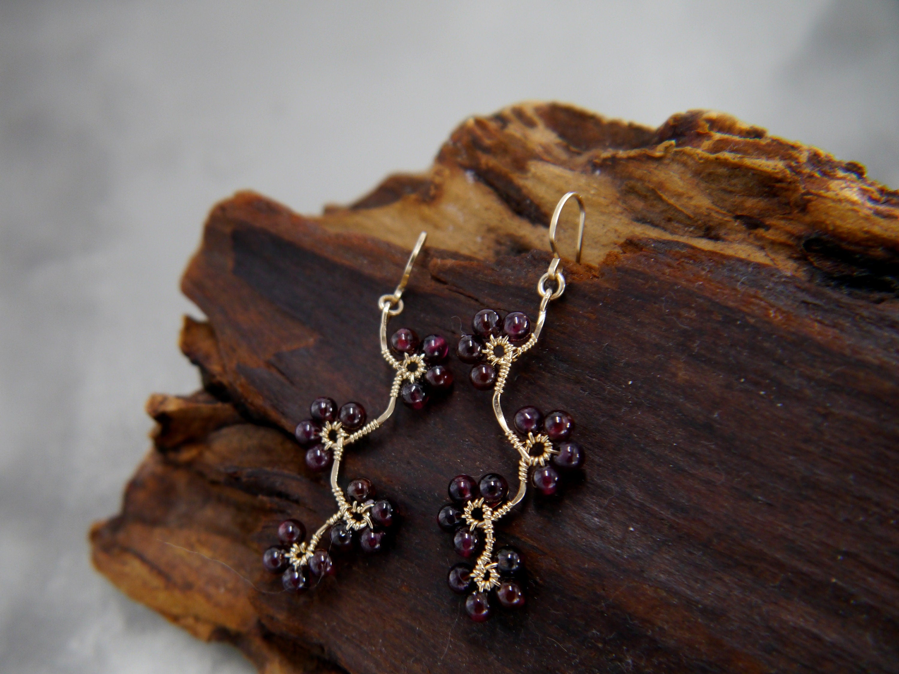 Garnet Floral Dangle Gemstone Earrings, 14K Gold Filled Artisan Heirloom