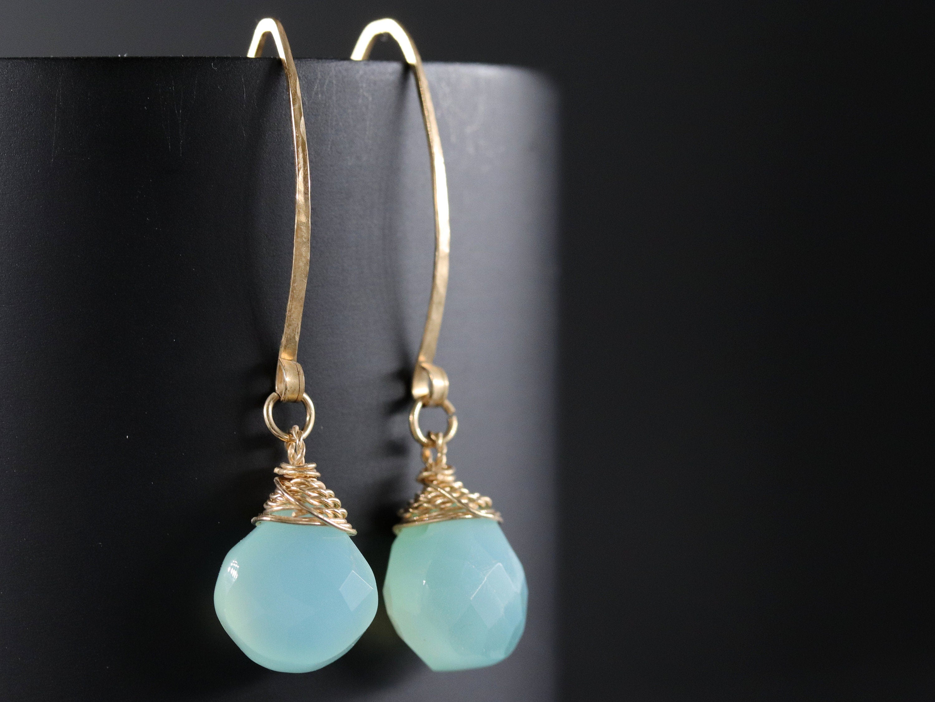 Aqua Chalcedony Heart Briolette Long Hoop Gemstone Earrings, 14K Gold Filled Something Blue