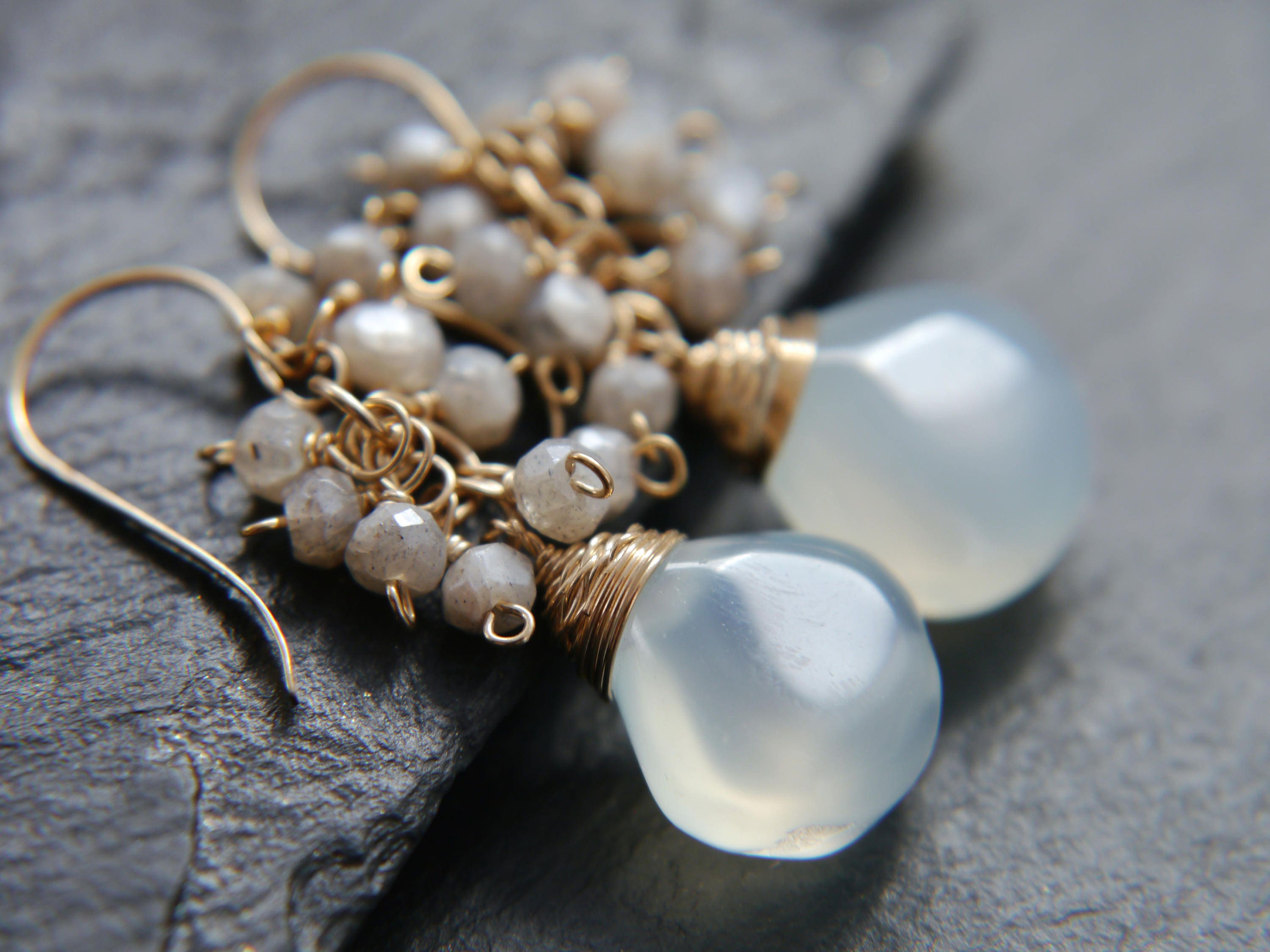 Aqua Chalcedony Briolette Labradorite Cluster Gemstone Earrings, 14K Gold Filled