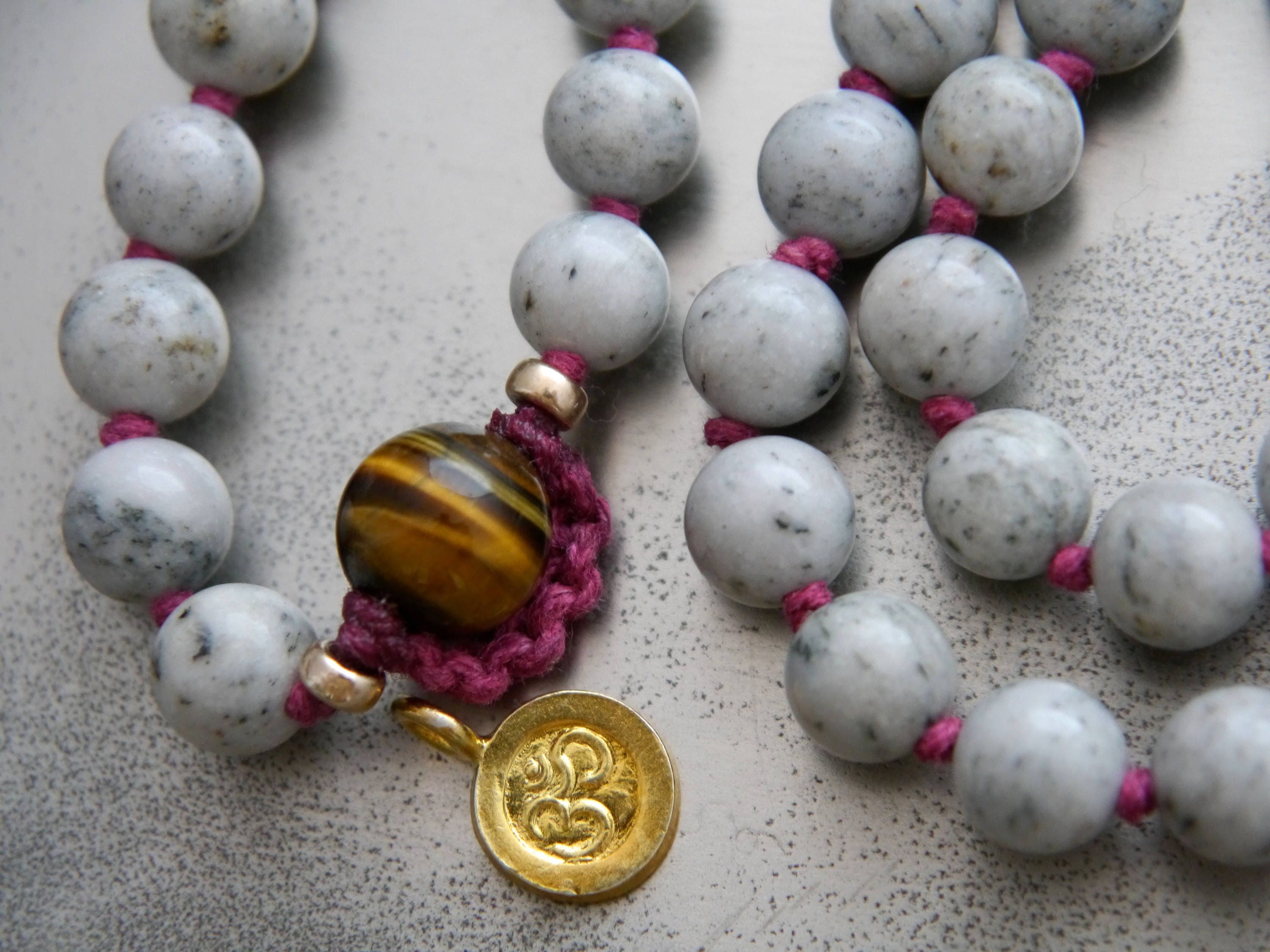 Gray Feldspar 108 Mala Bead , Wrap, Hand Knotted Tibetan Prayer Beads