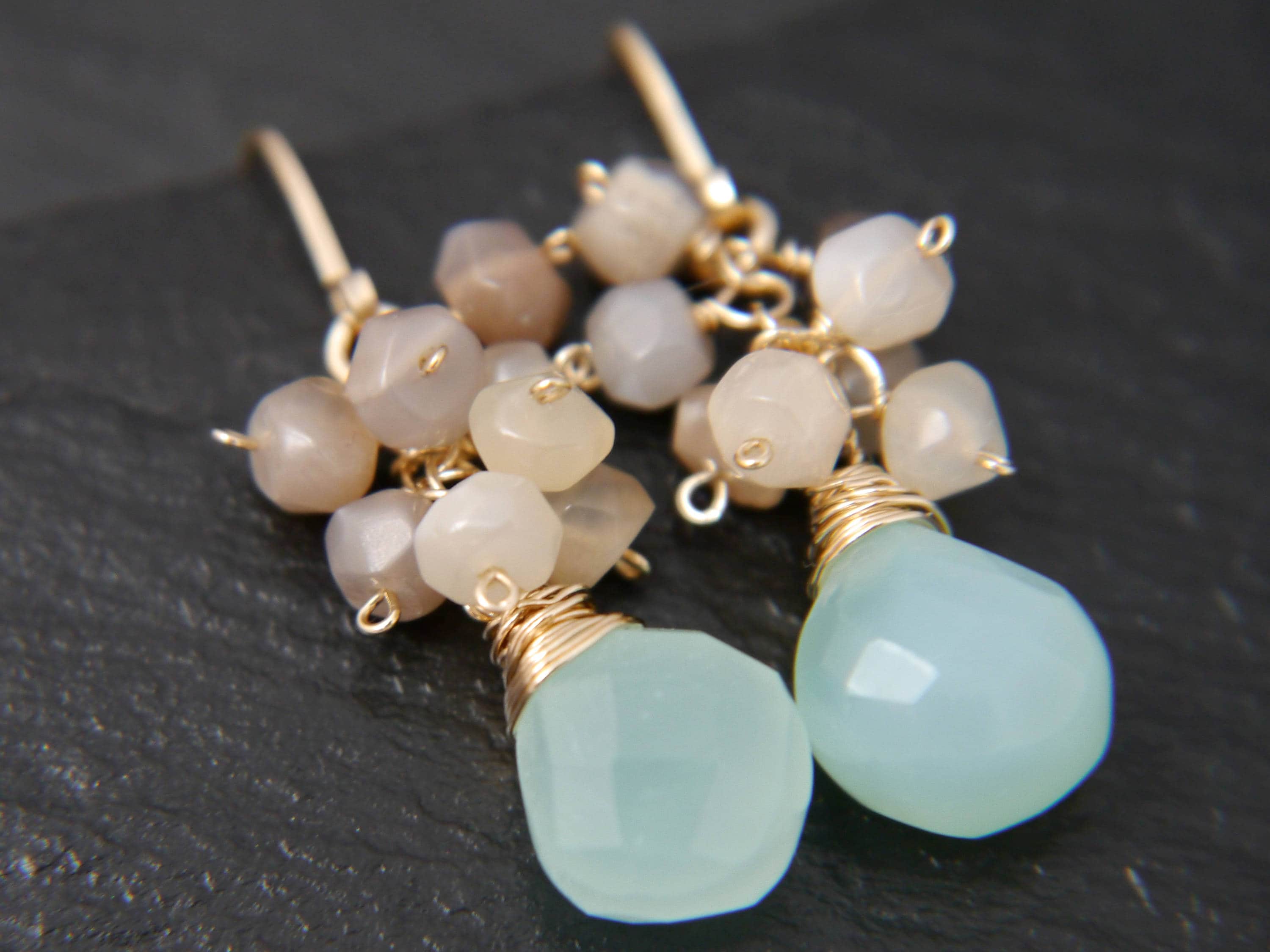 Moonstone Cluster Aqua Chalcedony Heart Gemstone Earrings, 14K Gold Filled Romantic