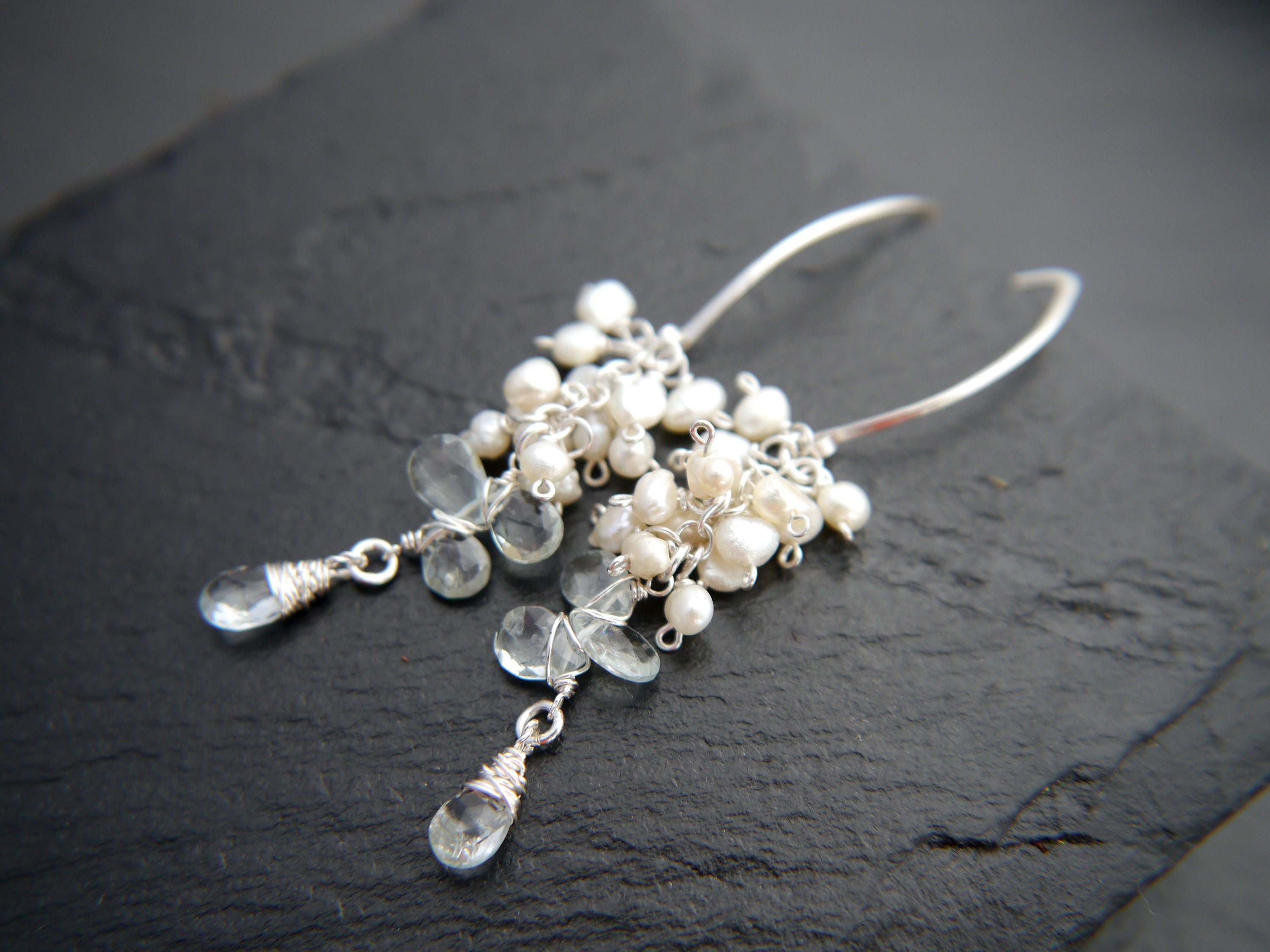 Aquamarine Pearl Long Dangle Floral Vine Gemstone Earrings, Sterling Silver Bridal
