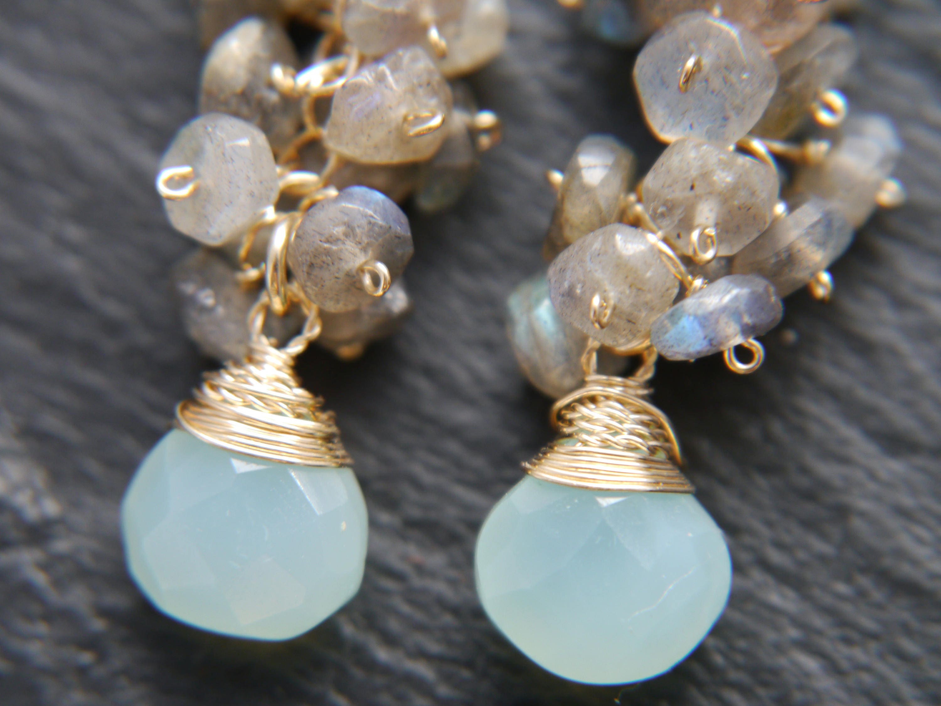 Aqua Chalcedony Briolette Labradorite Cluster Gemstone Earrings, 14K Gold Filled Romantic Style