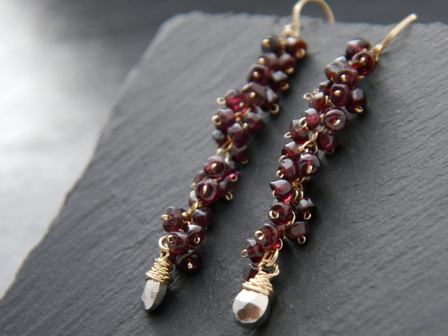 Boho Garnet Pyrite Cluster Long Dangle Gemstone Earrings, 14K Gold Filled Botanicals