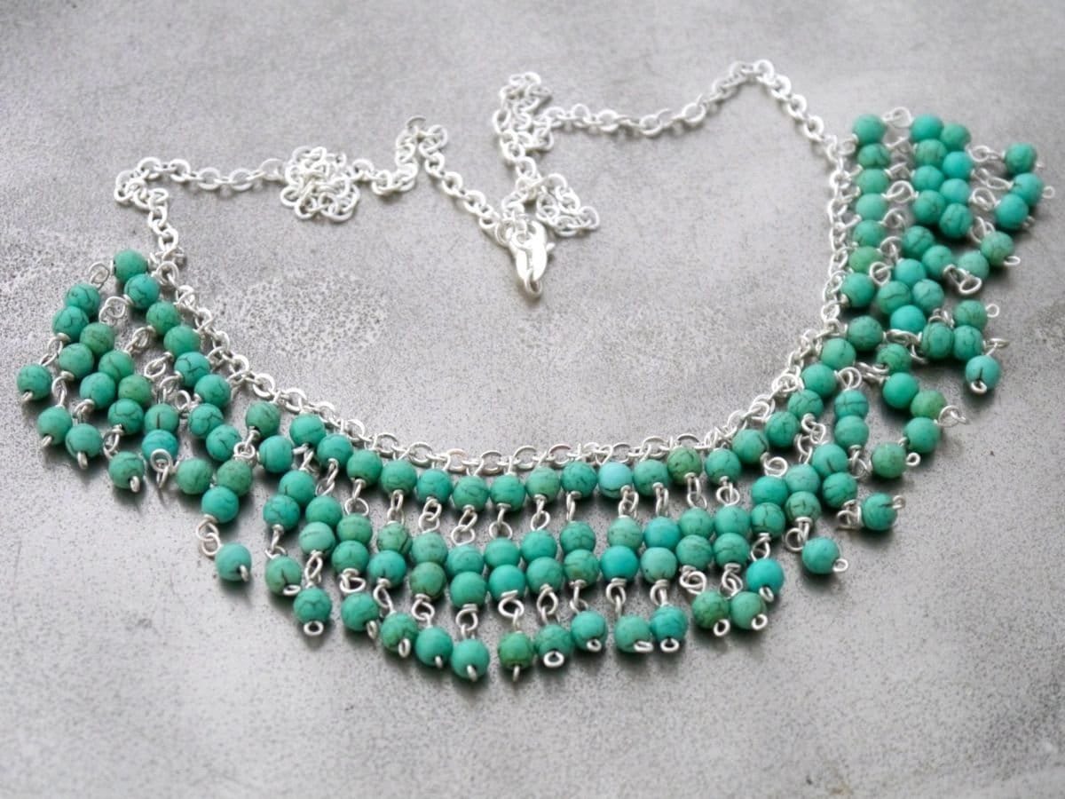 Turquoise Magnesite Fringe Bib Gemstone Necklace, Sterling Silver, Bohemian