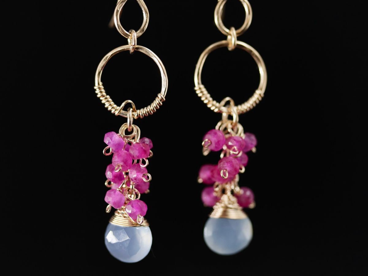 Ruby Chalcedony Heart Briolette Floral Cluster Gemstone Earrings, 14K Gold Filled
