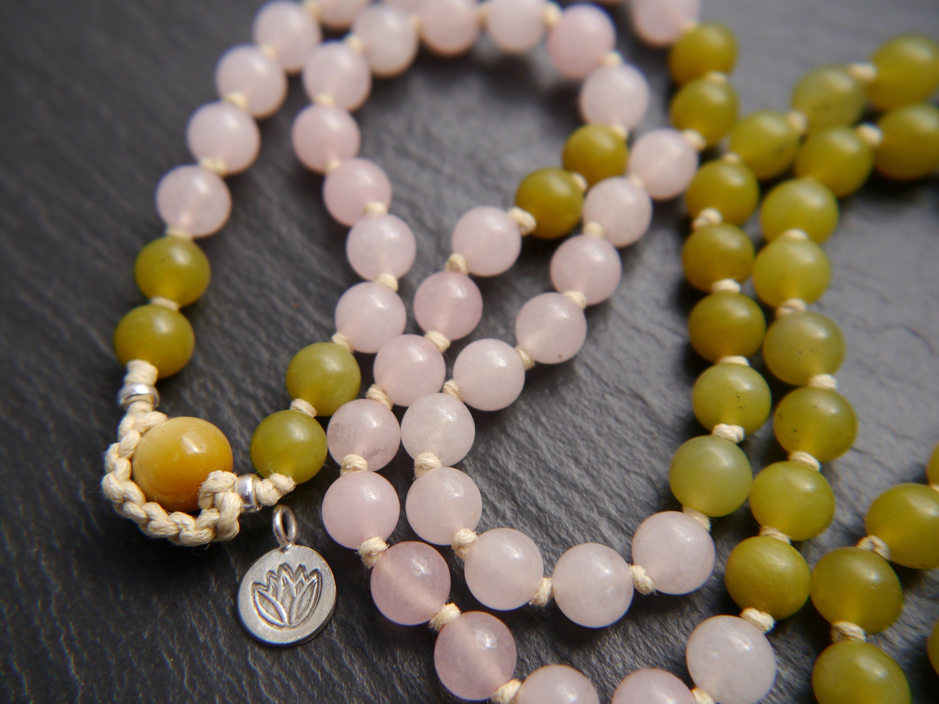 Rose Quartz Serpentine Mala Beads, 108 Gemstone Beads, Wrap, Hand Knotted