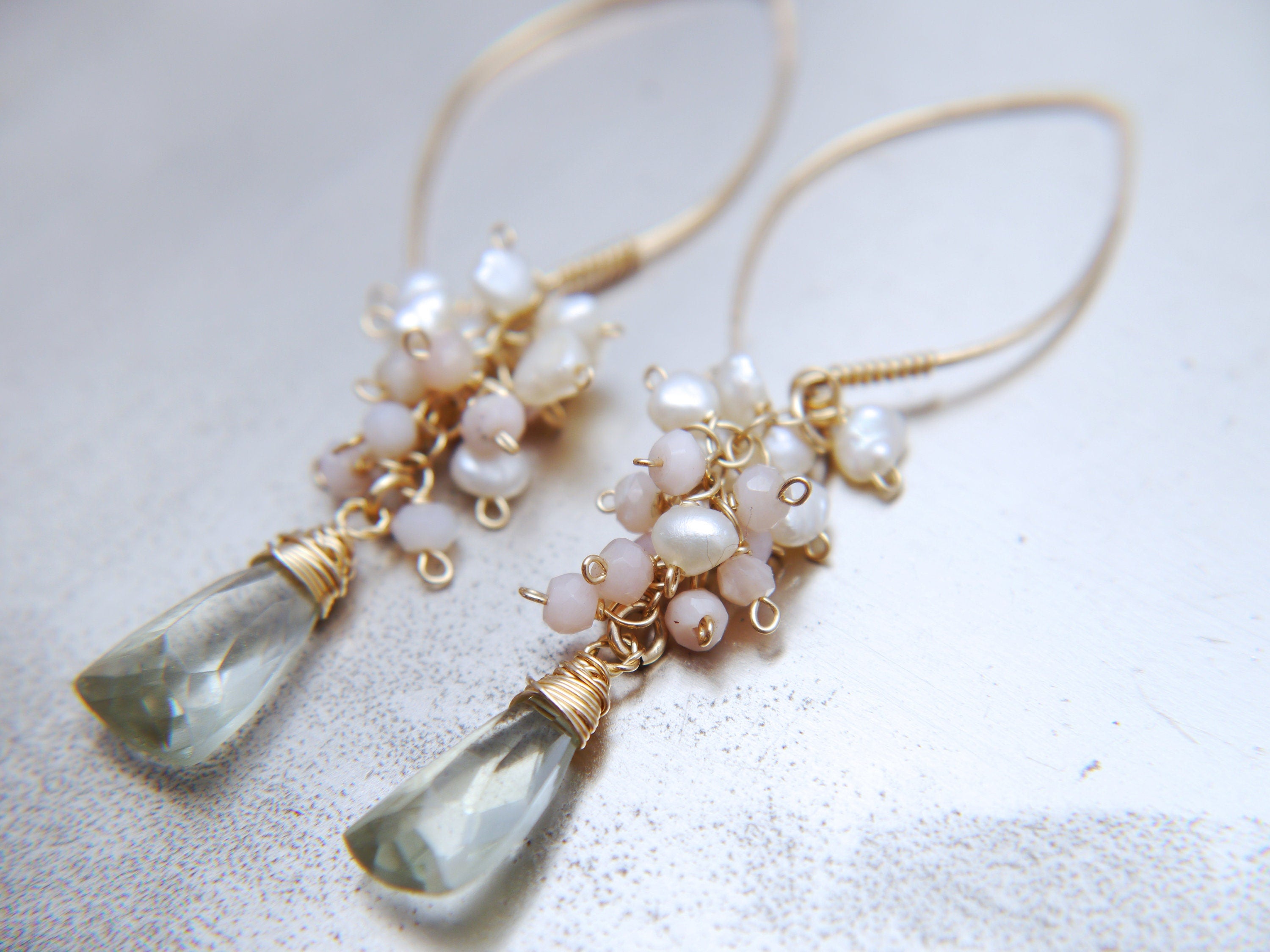 Pearl Pink Opal Green Amethyst Floral Gemstone Earrings, 14K Gold Filled Bohemian Jewelry