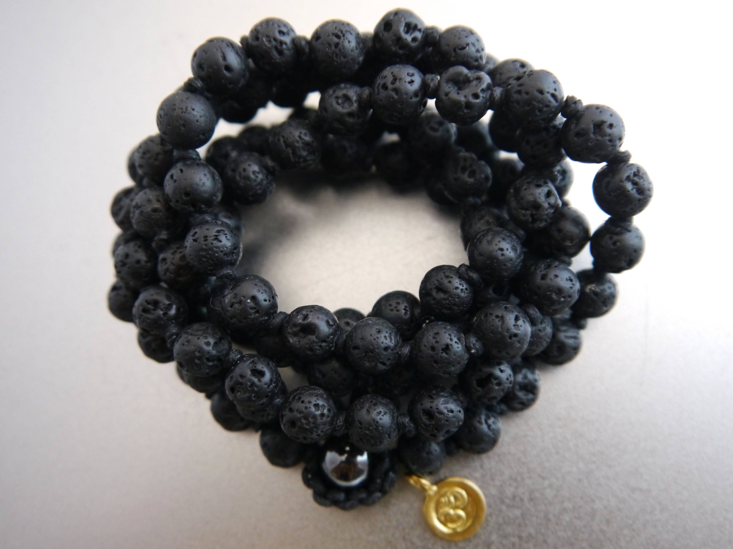 Black Lava Stone 108 Mala Bead , Wrap, Hand Knotted Tibetan Prayer Beads