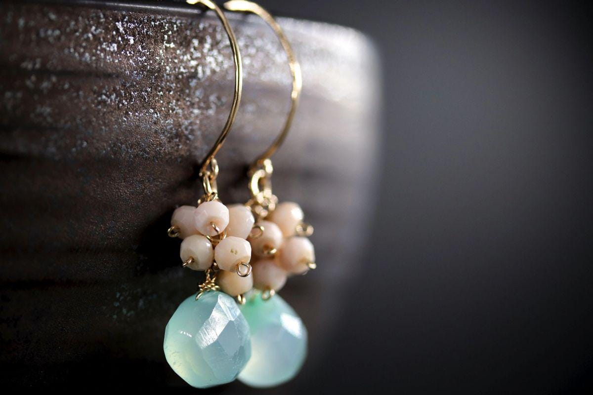 Aqua Chalcedony Pink Opal Floral Cluster Gemstone Earrings, 14K Gold Filled Bohemian