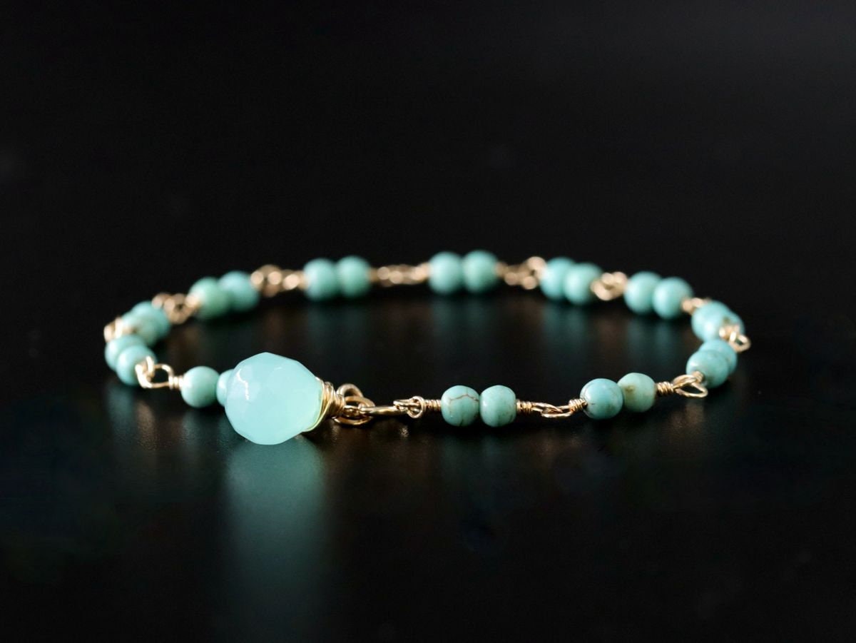 Turquoise Magnesite Aqua Chalcedony Gemstone Bracelet, 14K Gold Filled Rosary Chain, Beading