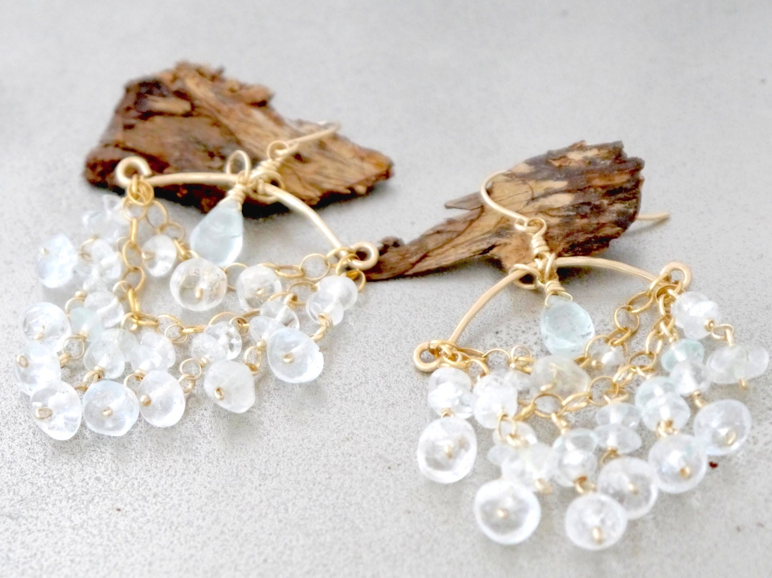 Aquamarine Tiered Fringe Chandelier Gemstone Earrings, 14K Gold Filled March Birthstone