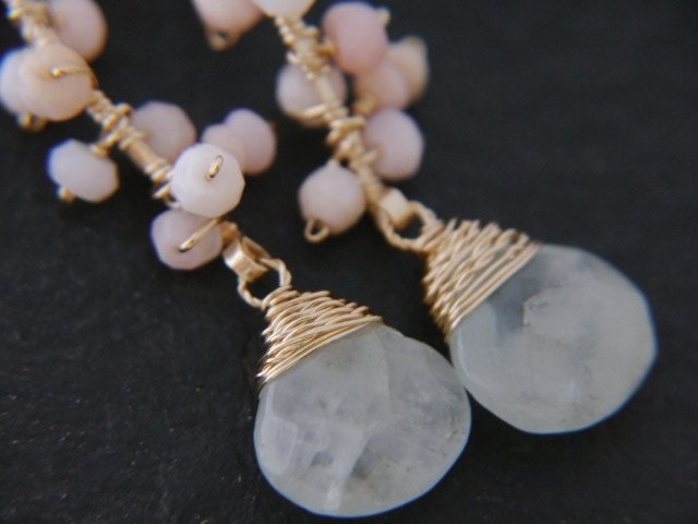 Aquamarine Pink Opal Floral Gemstone Earrings, 14K Gold Filled Ethereal Bride