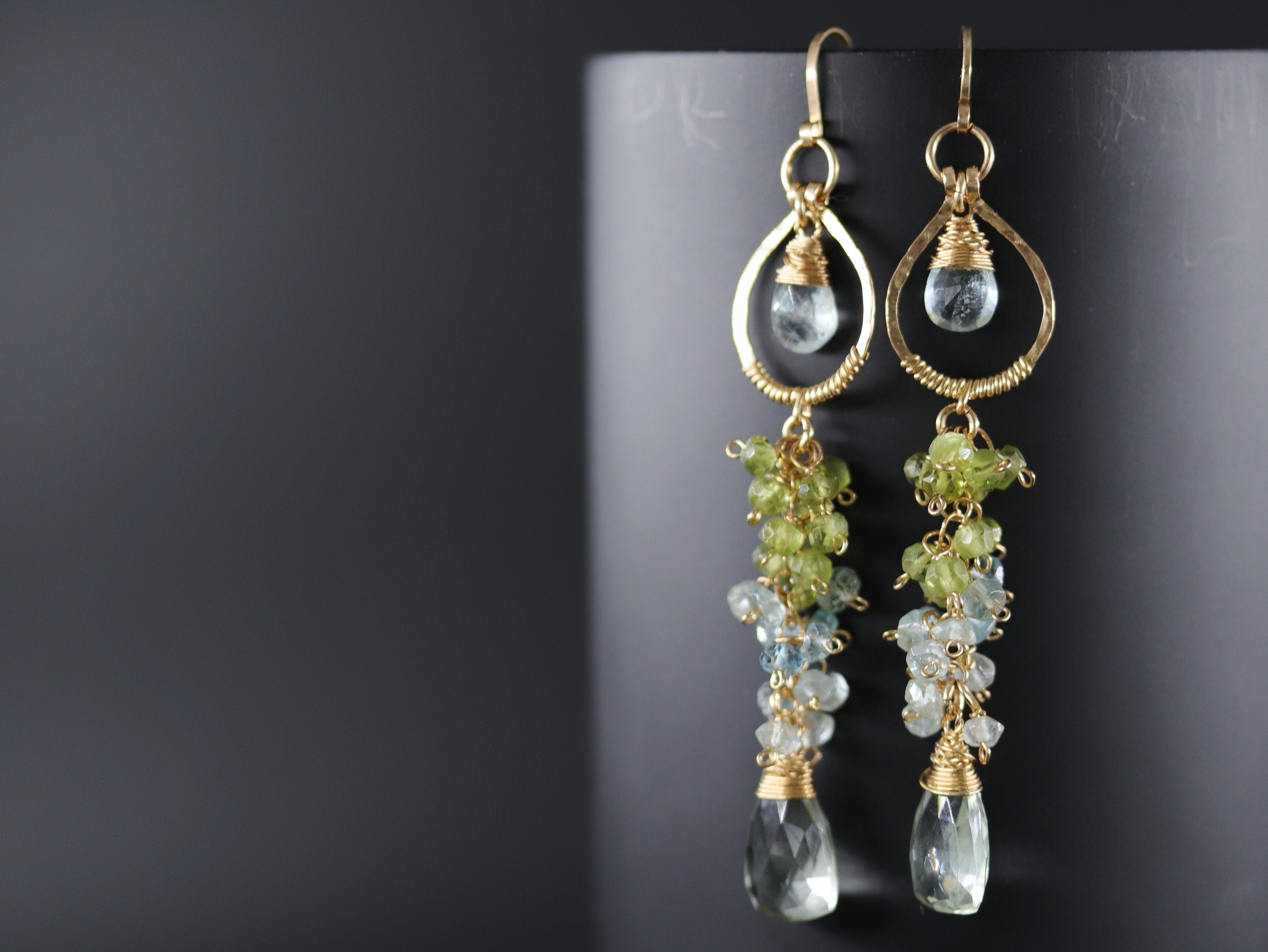 Peridot Aquamarine Cluster Chandelier Earrings, 14K Gold Filled Long Floral Dangle, Bohemian Jewelry