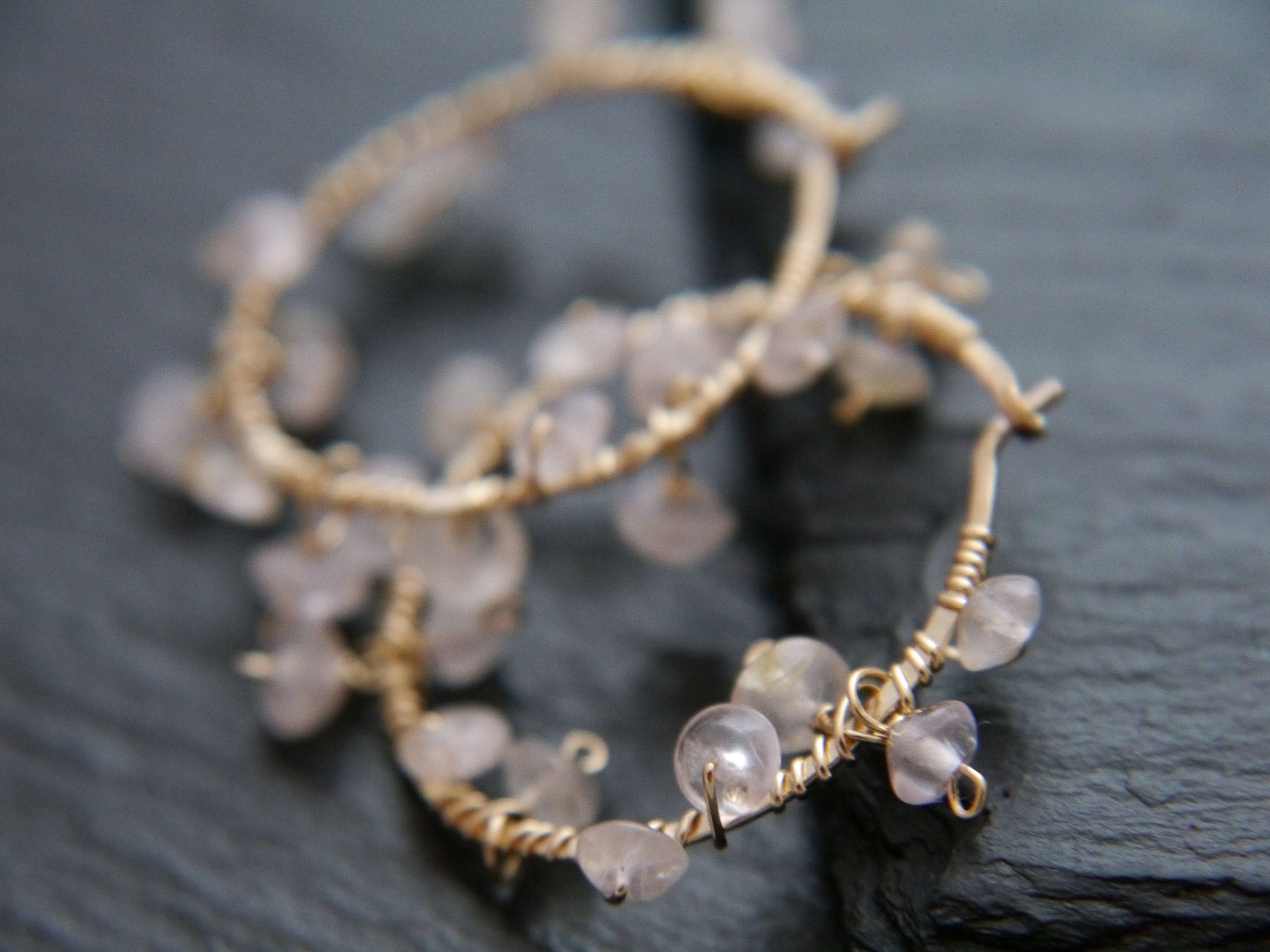 Rose Quartz Hoop Gemstone Earrings, 14K Gold Filled Boho Style Jewelry