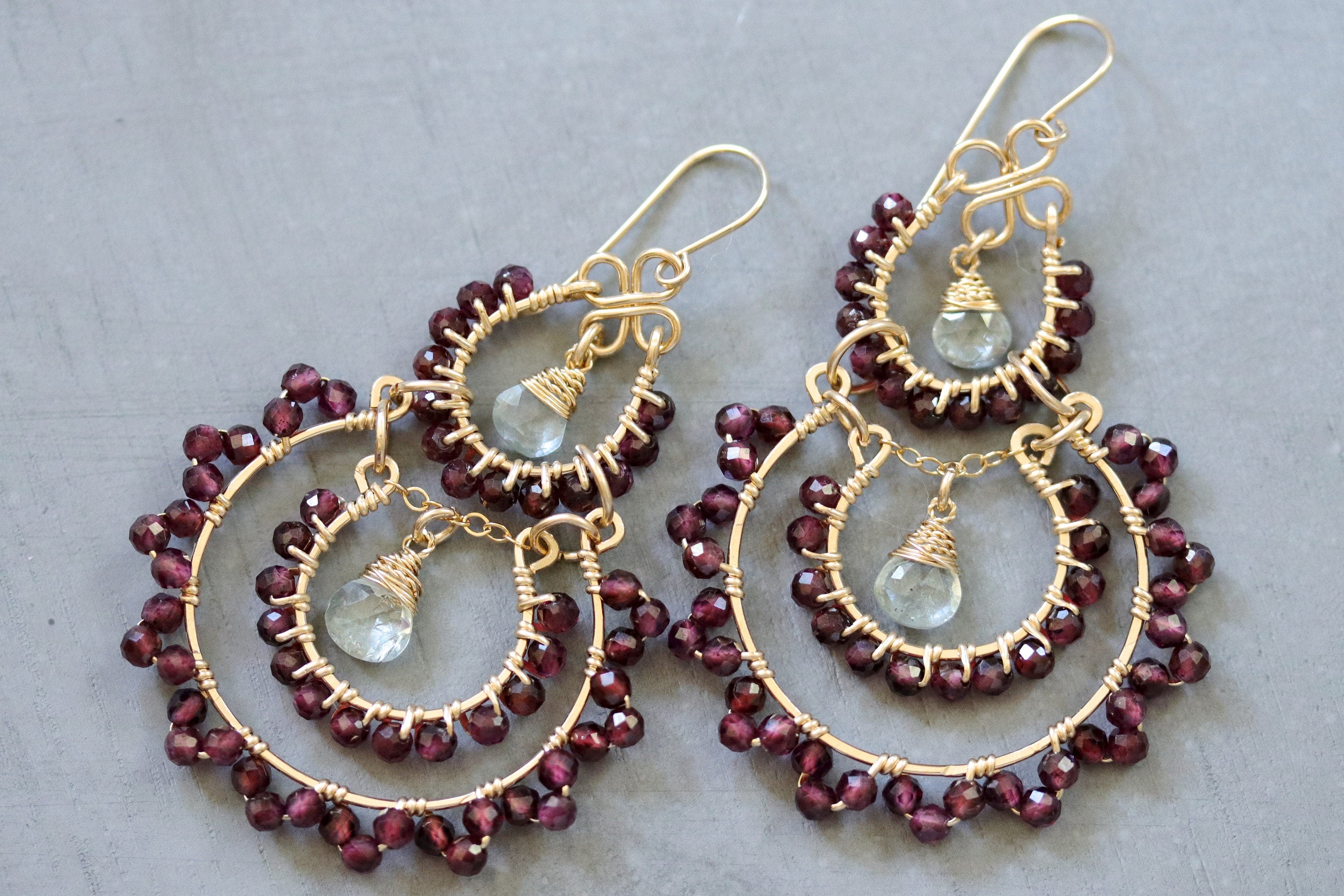 Garnet Aquamarine Fringe Chandelier Earrings, 14K Gold Filled Long Dangle, Heirloom Statement
