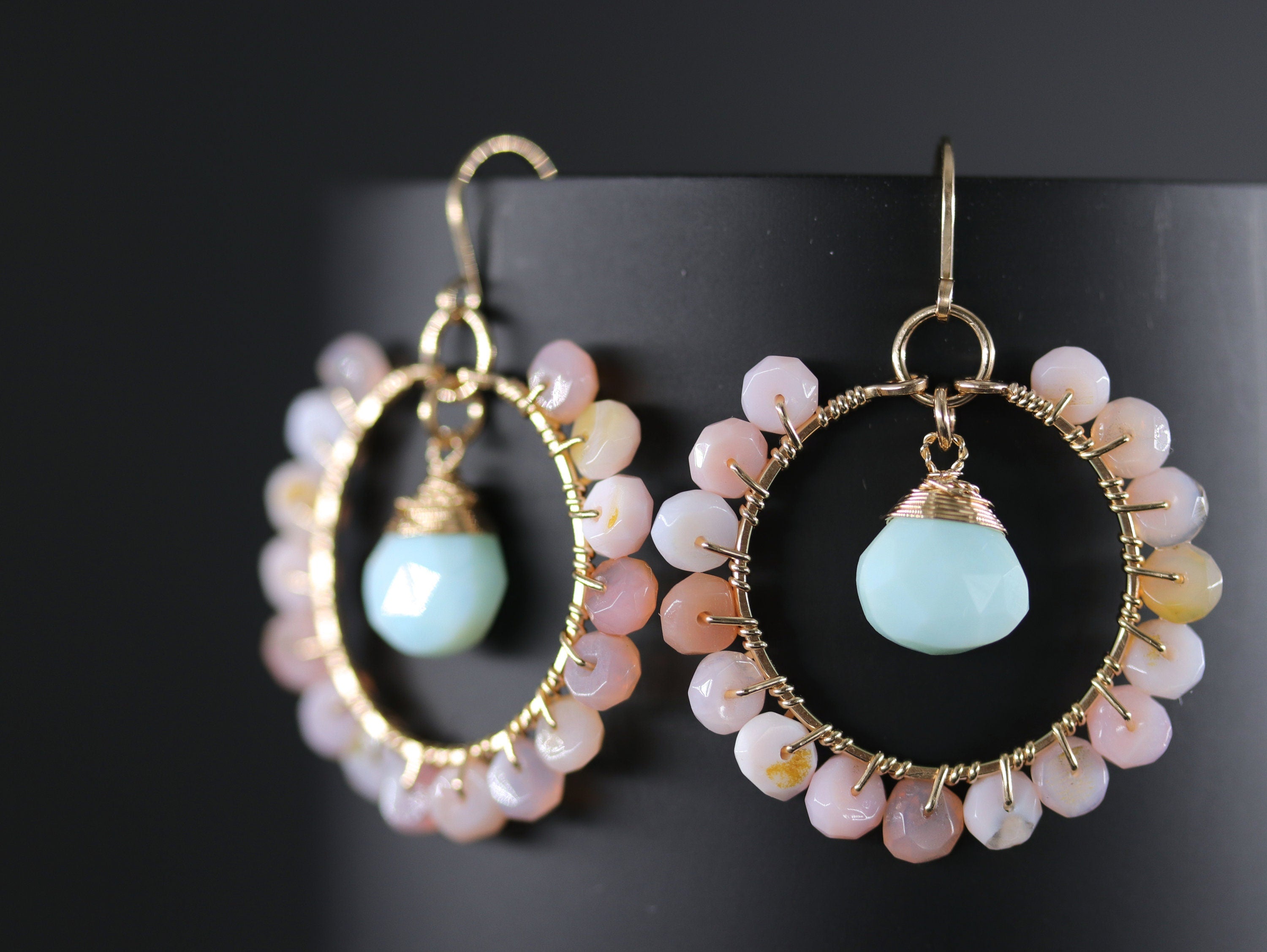 Blue Pink Opal Floral Hoop Gemstone Earrings, 14K Gold Filled Boho Chic Jewelry
