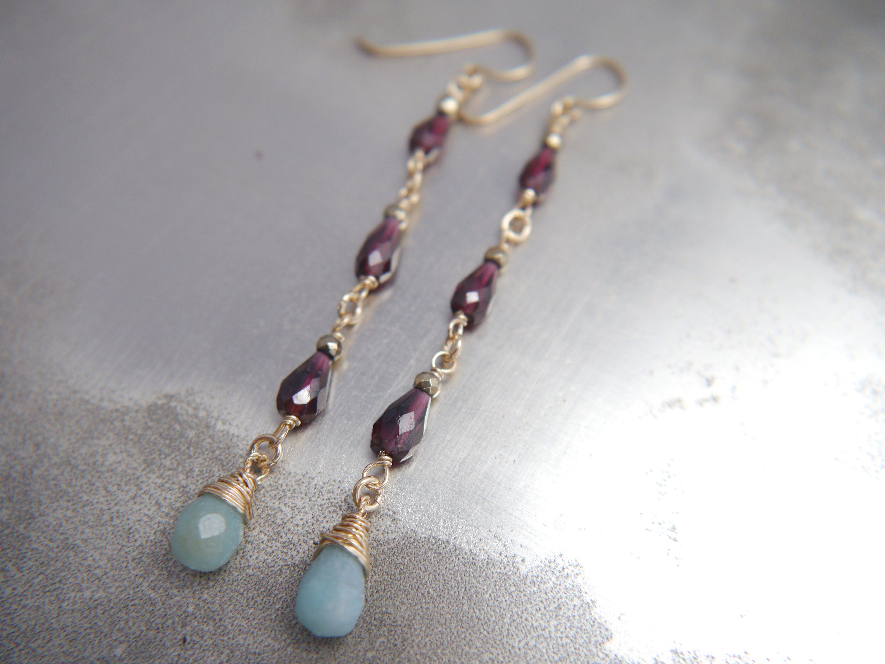 Garnet Amazonite Long Dangle Teardrop Gemstone Earrings, 14K Gold Filled Art Deco