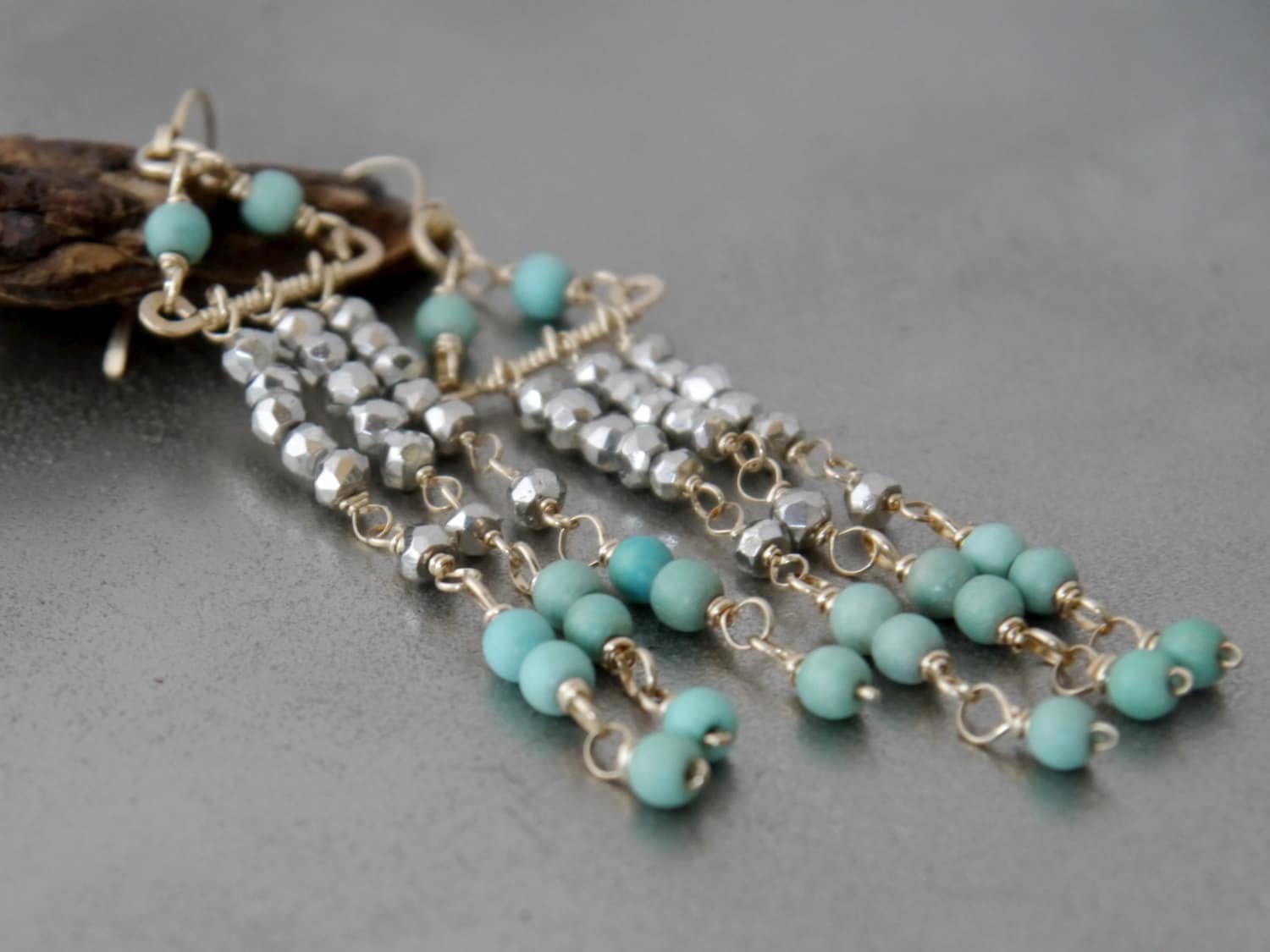 Turquoise Magnesite Pyrite Chandelier Gemstone Earrings, 14K Gold Filled