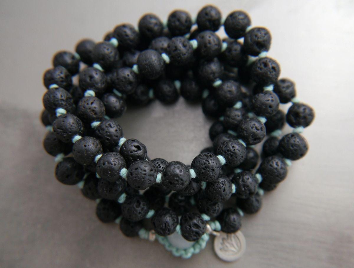 Black Lava Rock 108 Mala Bead , Wrap, Hand Knotted Tibetan Prayer Beads